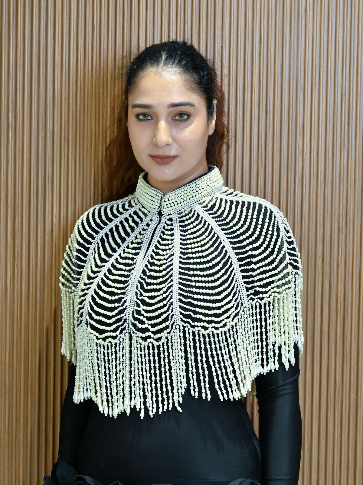 Odette Off White And Black Net Embellished Cape For Women