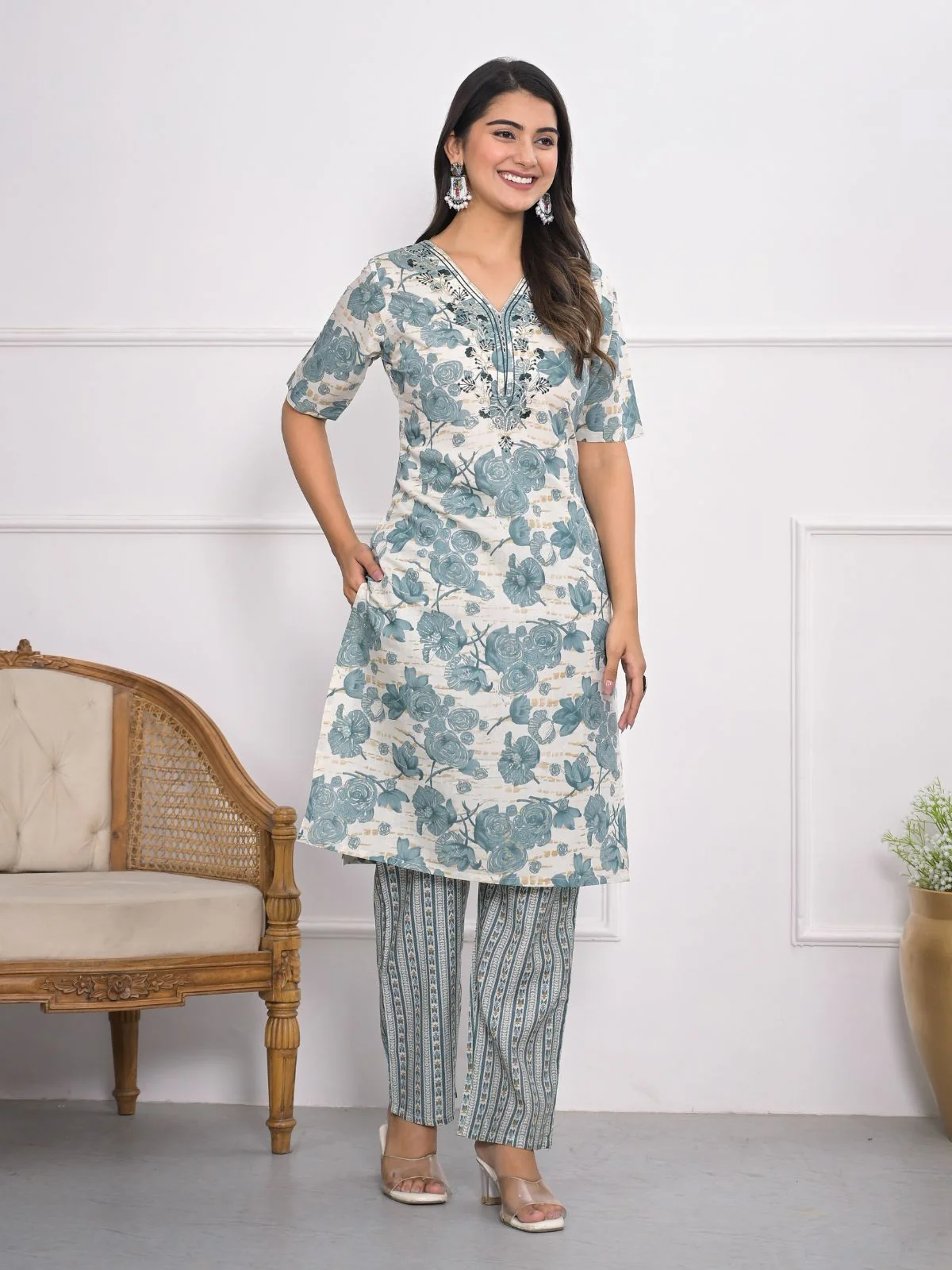 Odette Off White And Blue Chanderi Embroidered And Printed Stitched Kurta Set Without Dupatta For Women - Image 2