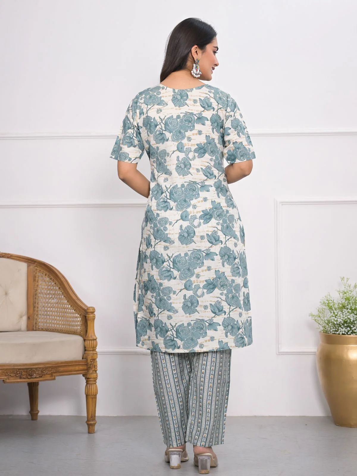 Odette Off White And Blue Chanderi Embroidered And Printed Stitched Kurta Set Without Dupatta For Women - Image 4