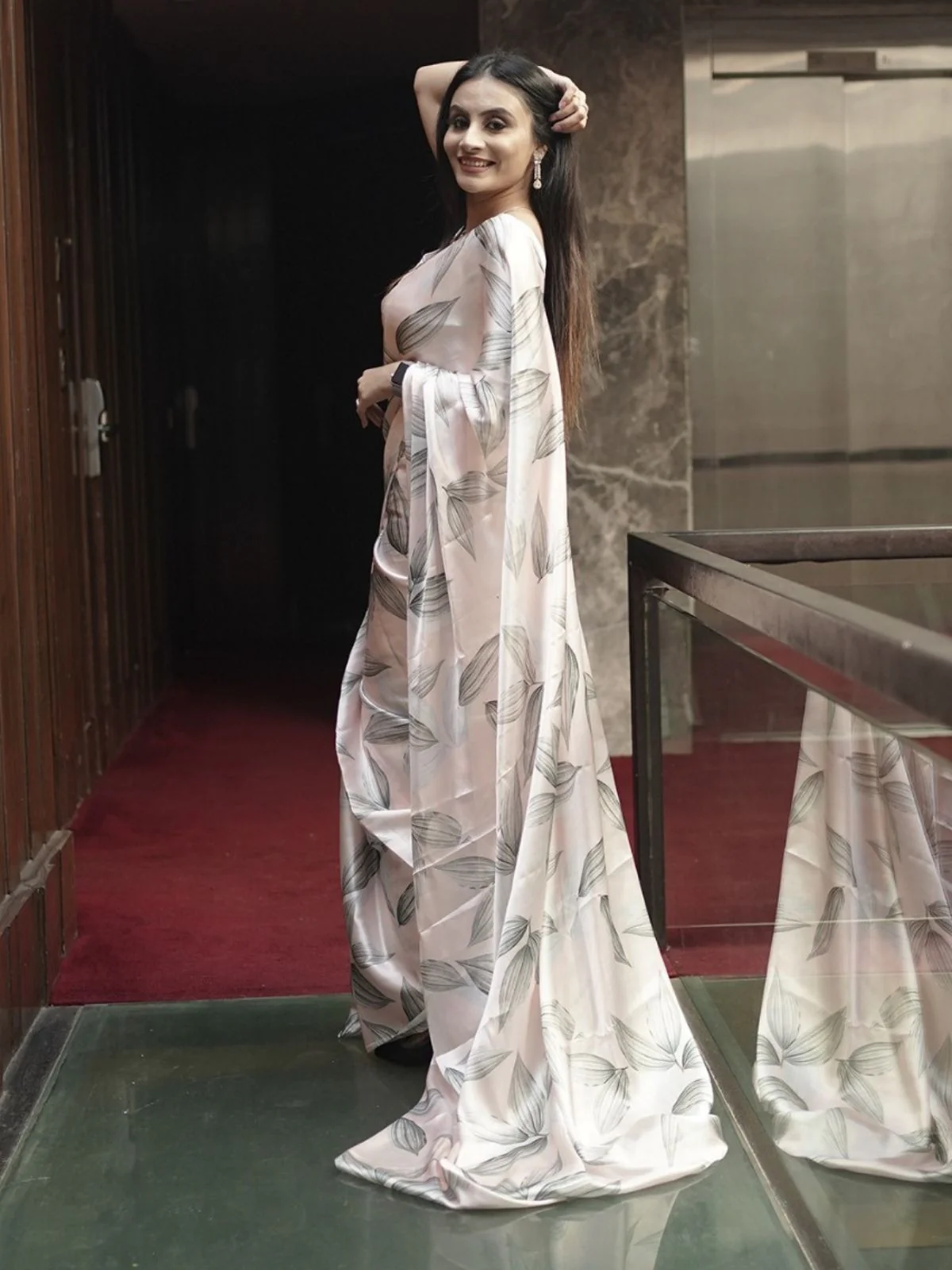 Odette Off White And Green Satin Printed Saree With Unstitched Blouse For Women - Image 3