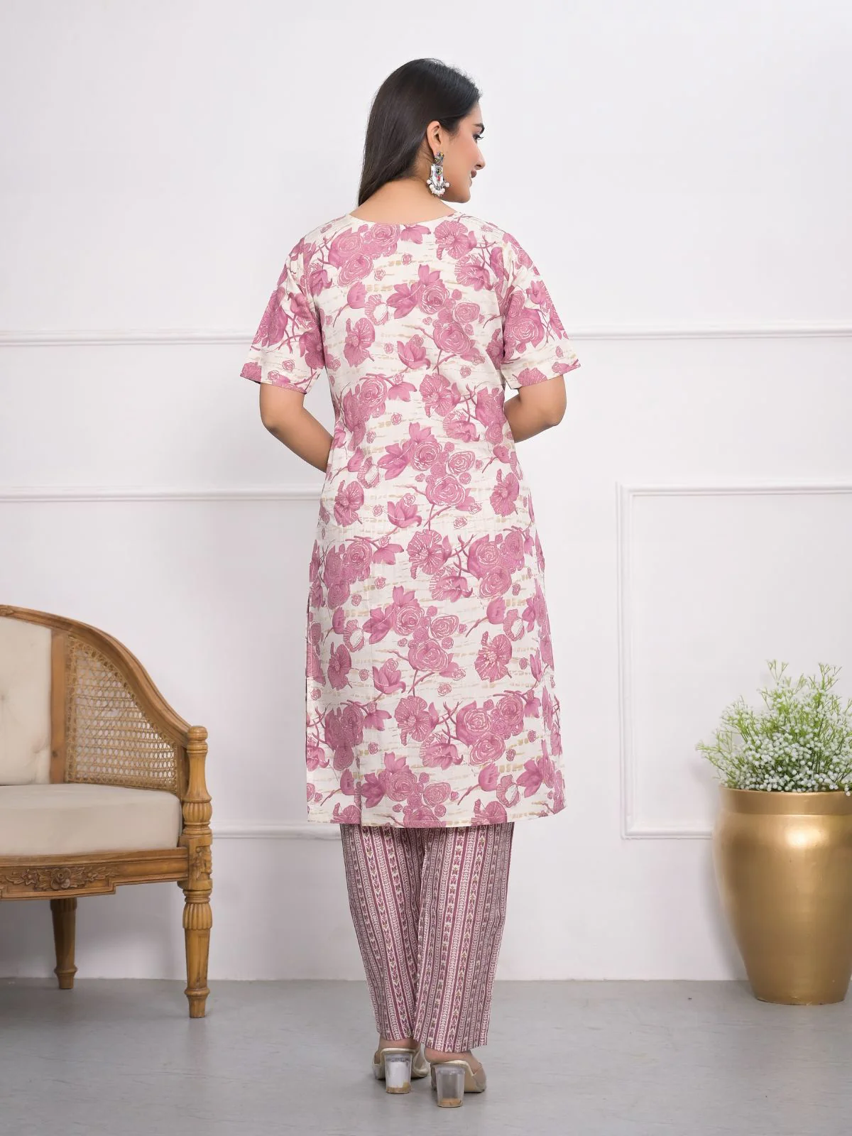 Odette Off White And Pink Chanderi Embroidered And Printed Stitched Kurta Set Without Dupatta For Women - Image 4