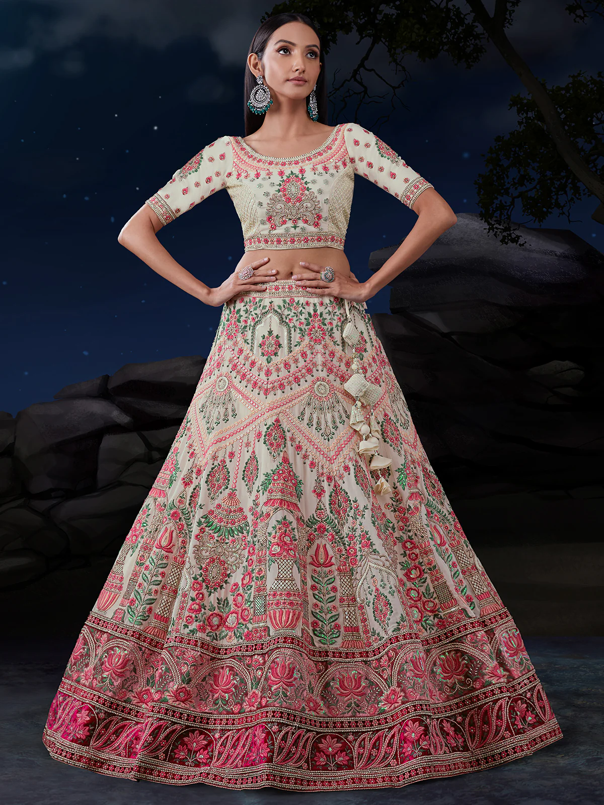 Odette Off White And Pink Embroidered Soft Net Semi Stitched Lehenga With Blouse For Women - Image 3