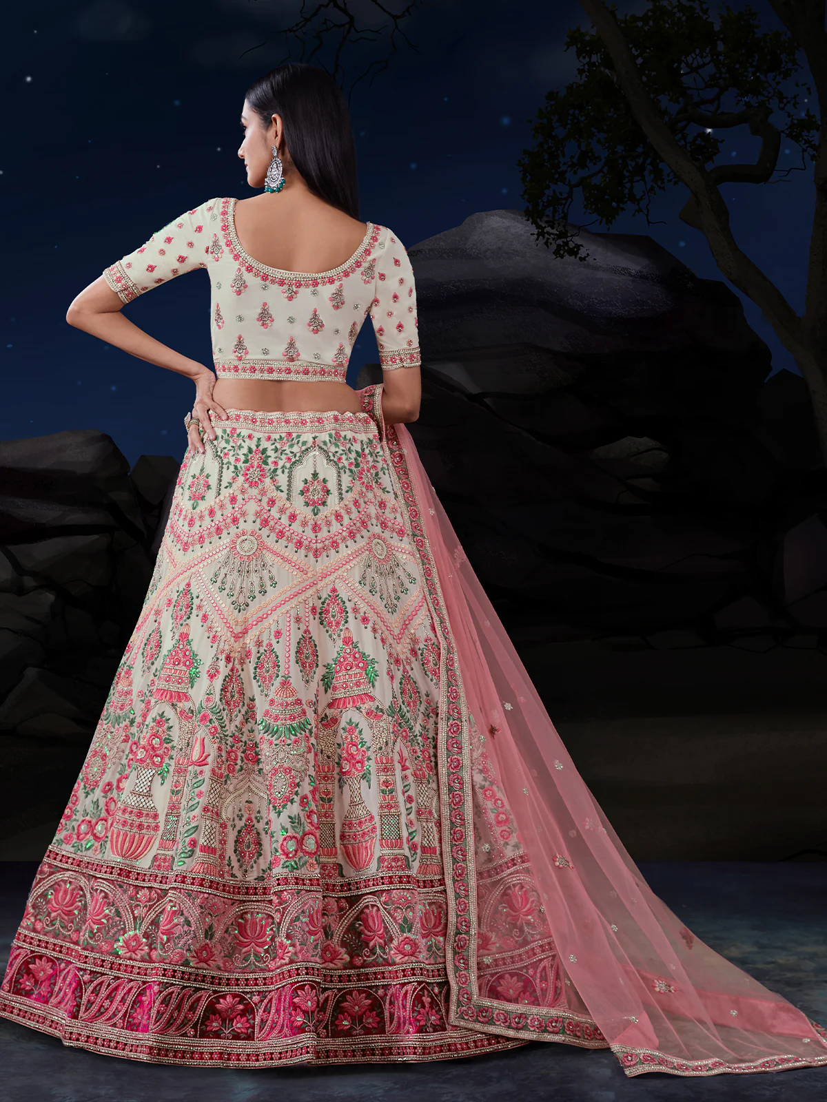 Odette Off White And Pink Embroidered Soft Net Semi Stitched Lehenga With Blouse For Women - Image 4