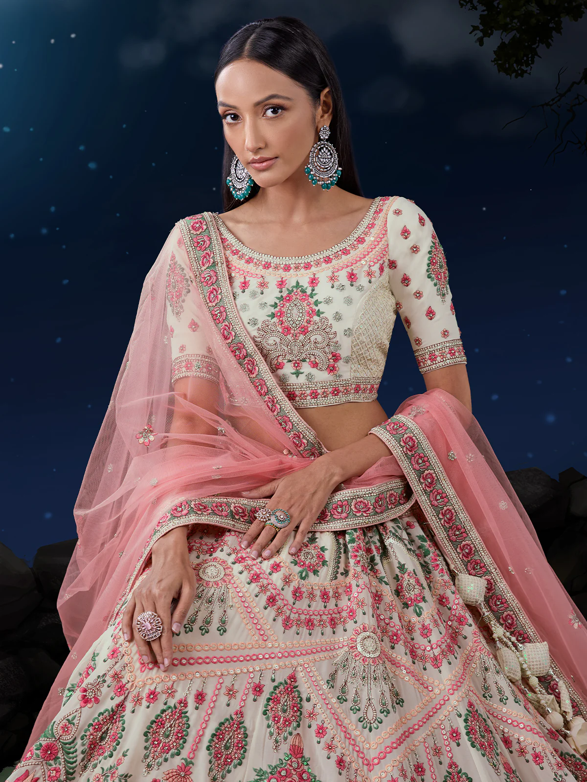 Odette Off White And Pink Embroidered Soft Net Semi Stitched Lehenga With Blouse For Women - Image 5
