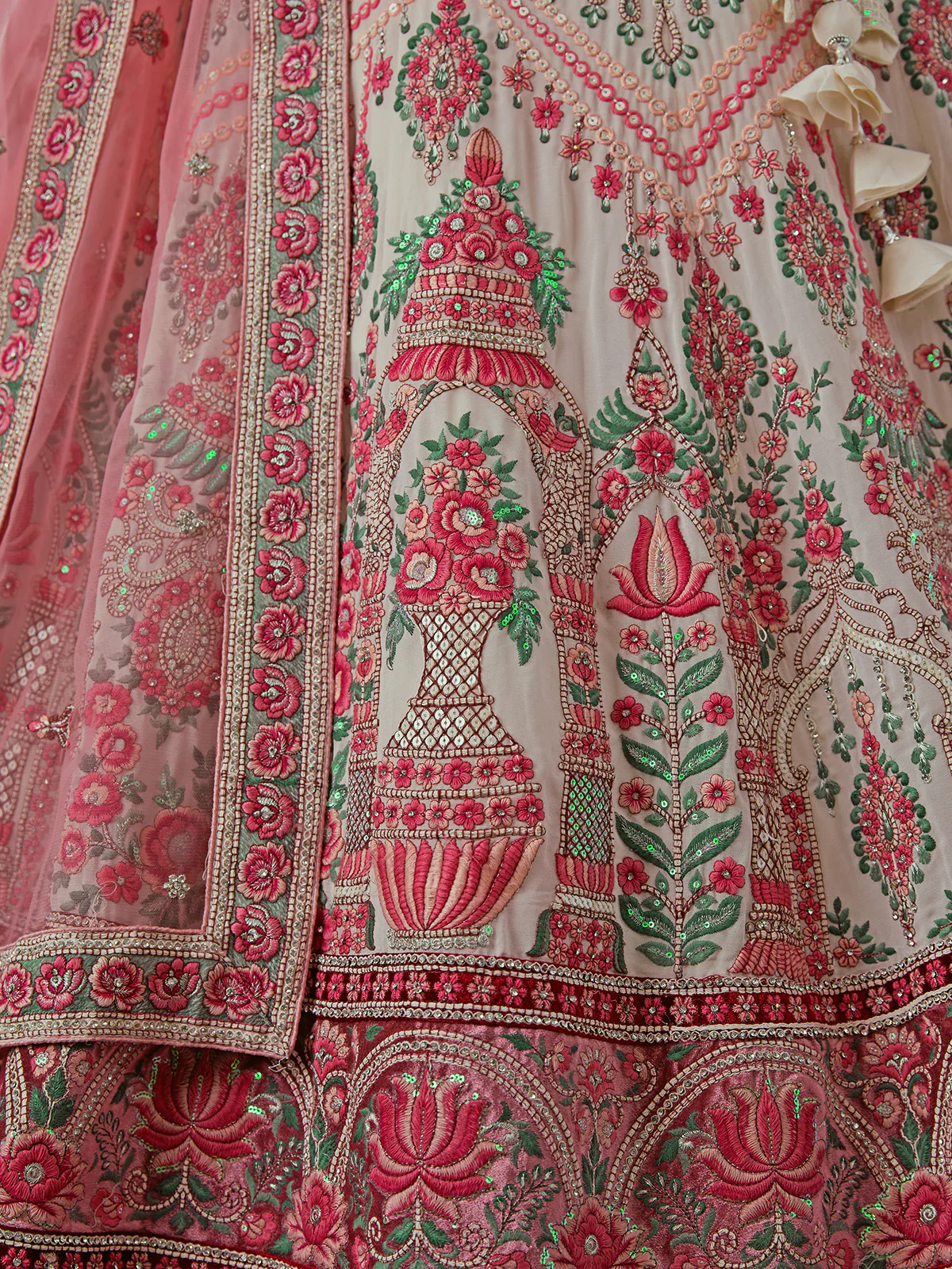 Odette Off White And Pink Embroidered Soft Net Semi Stitched Lehenga With Blouse For Women - Image 7