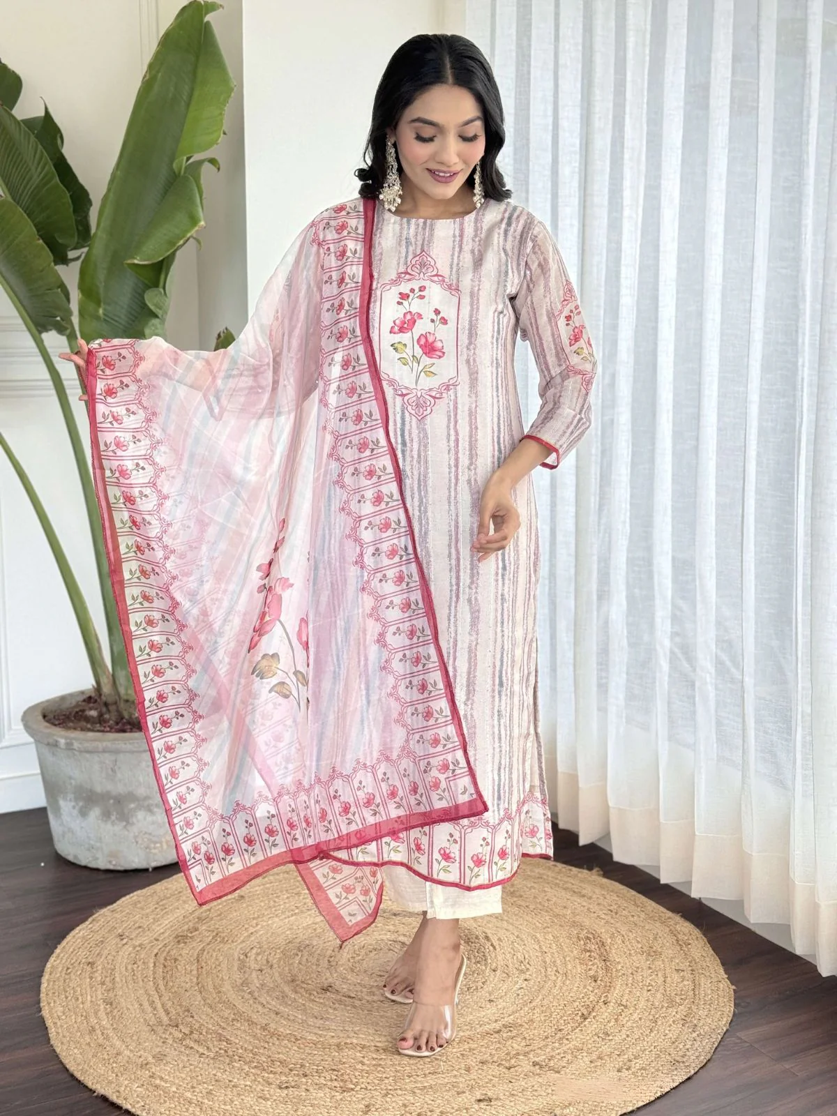 Odette Off White And Red Viscose Embroidered And Printed Stitched Kurta Set For Women - Image 2