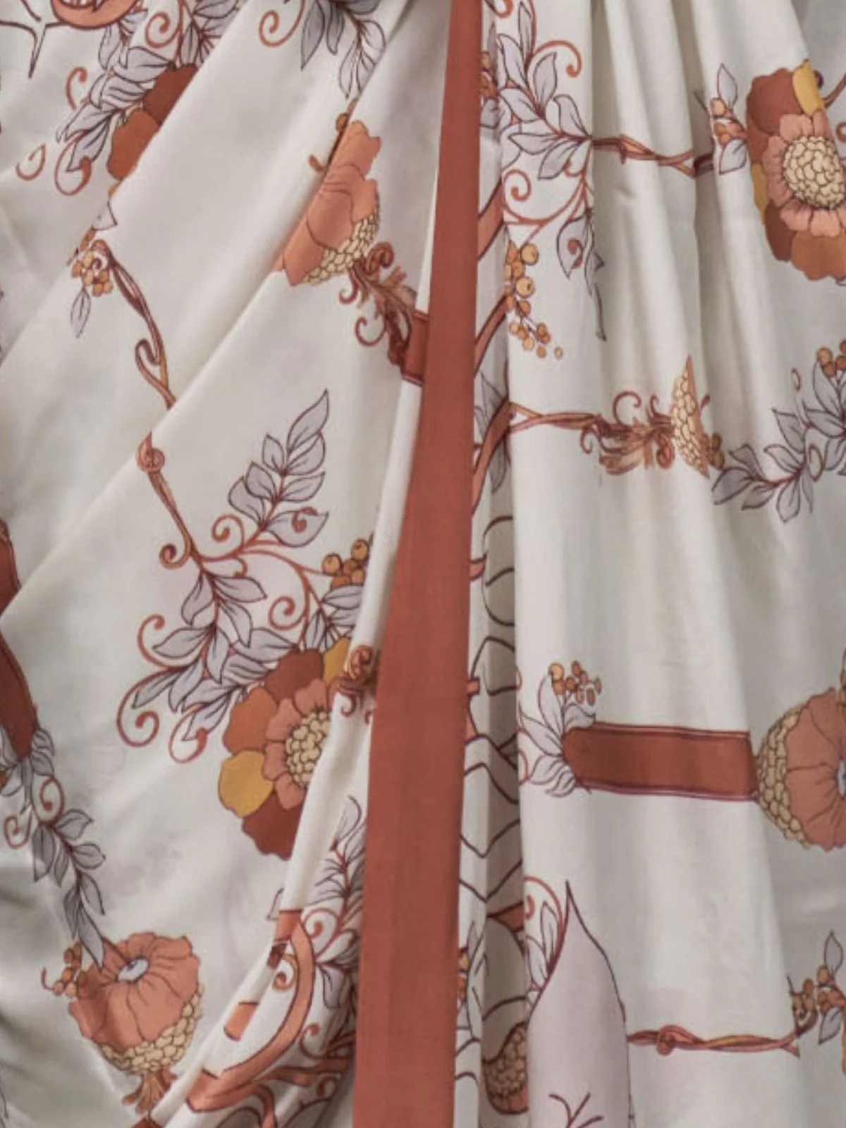 Odette Off White And Rust Satin Printed Saree With Unstitched Blouse For Women - Image 3