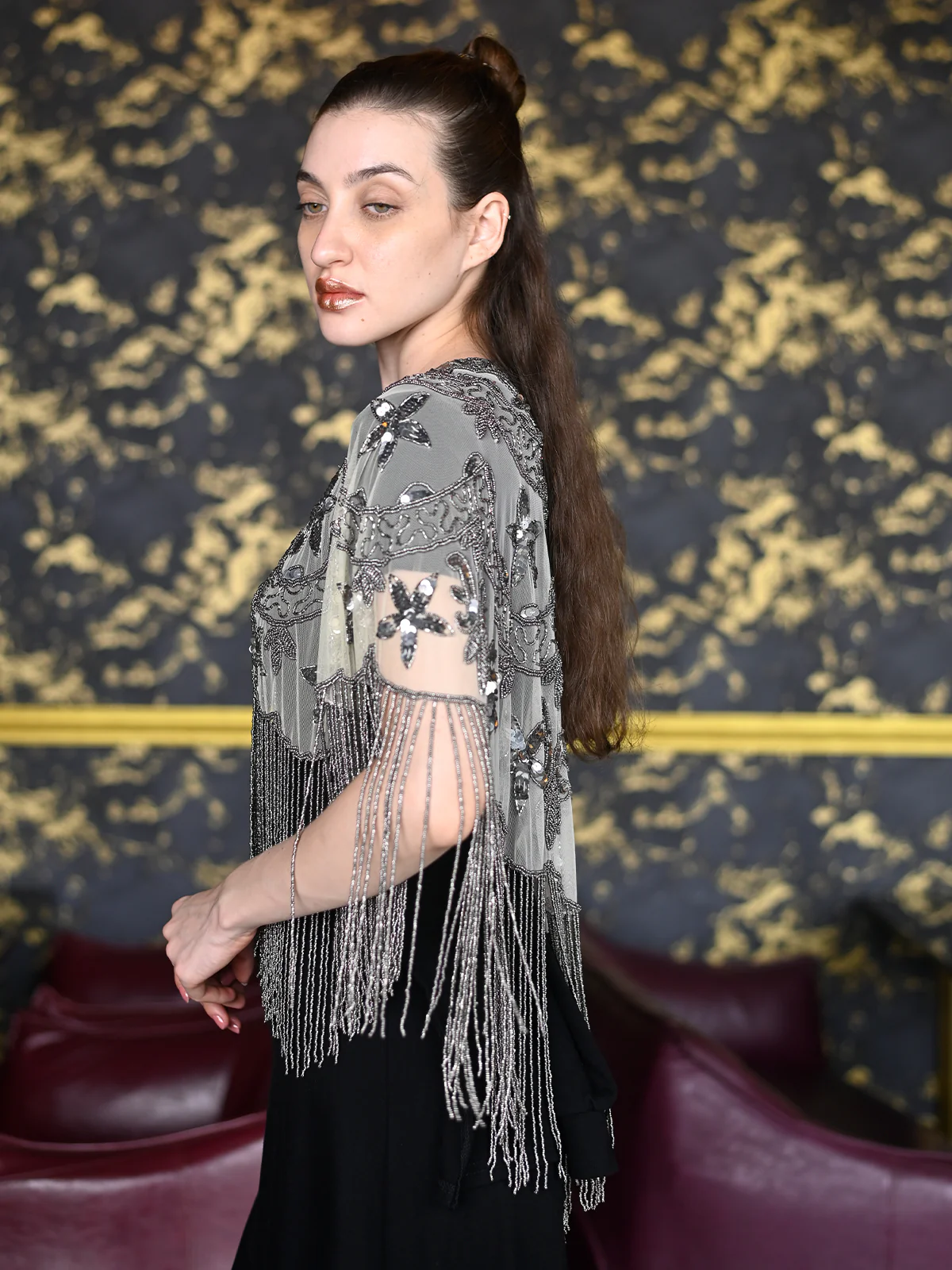Odette Off White and Silver Tasseled Cape For Women - Image 3