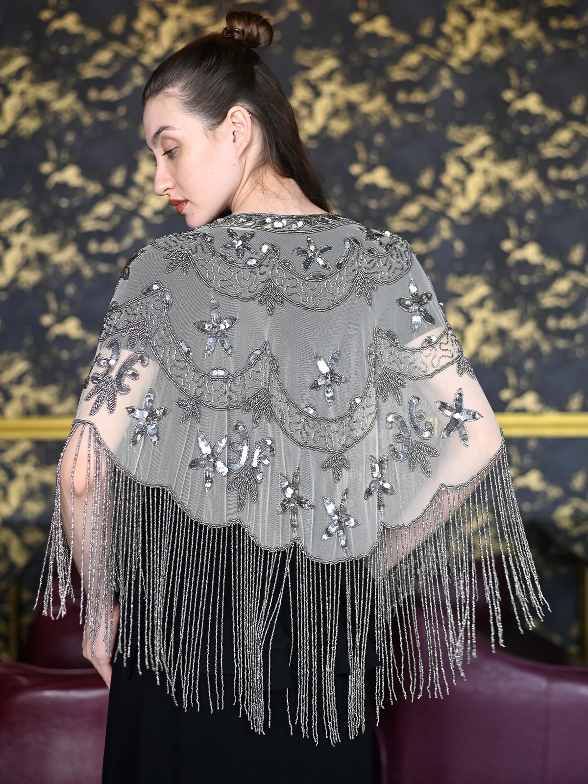 Odette Off White and Silver Tasseled Cape For Women - Image 4