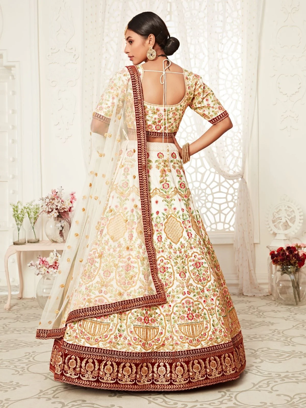 Odette Off White Art Silk Embroidered Semi Stitched Lehenga With Unstitched Blouse For Women - Image 4