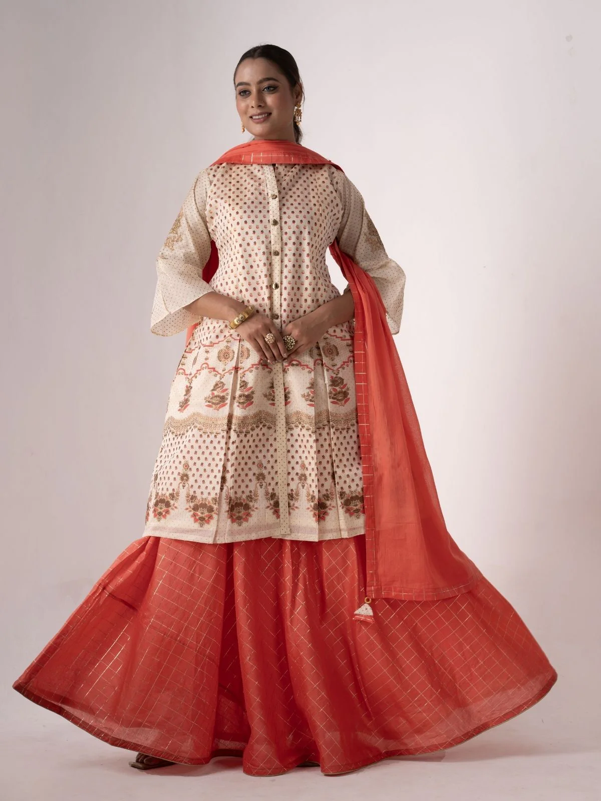 Odette Off White Art Silk Printed And Embroidered Sharara Style Semi-Stitched Kurta Set For Women - Image 2