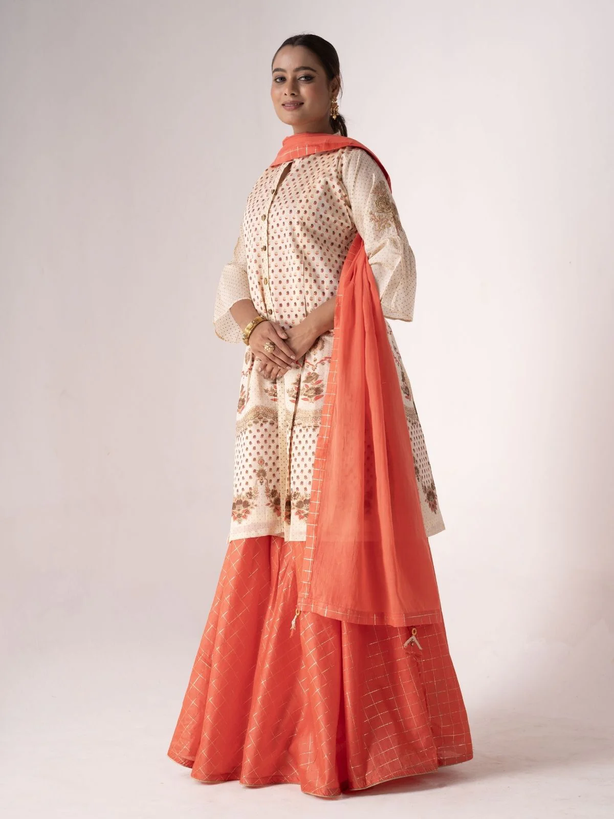 Odette Off White Art Silk Printed And Embroidered Sharara Style Semi-Stitched Kurta Set For Women - Image 3