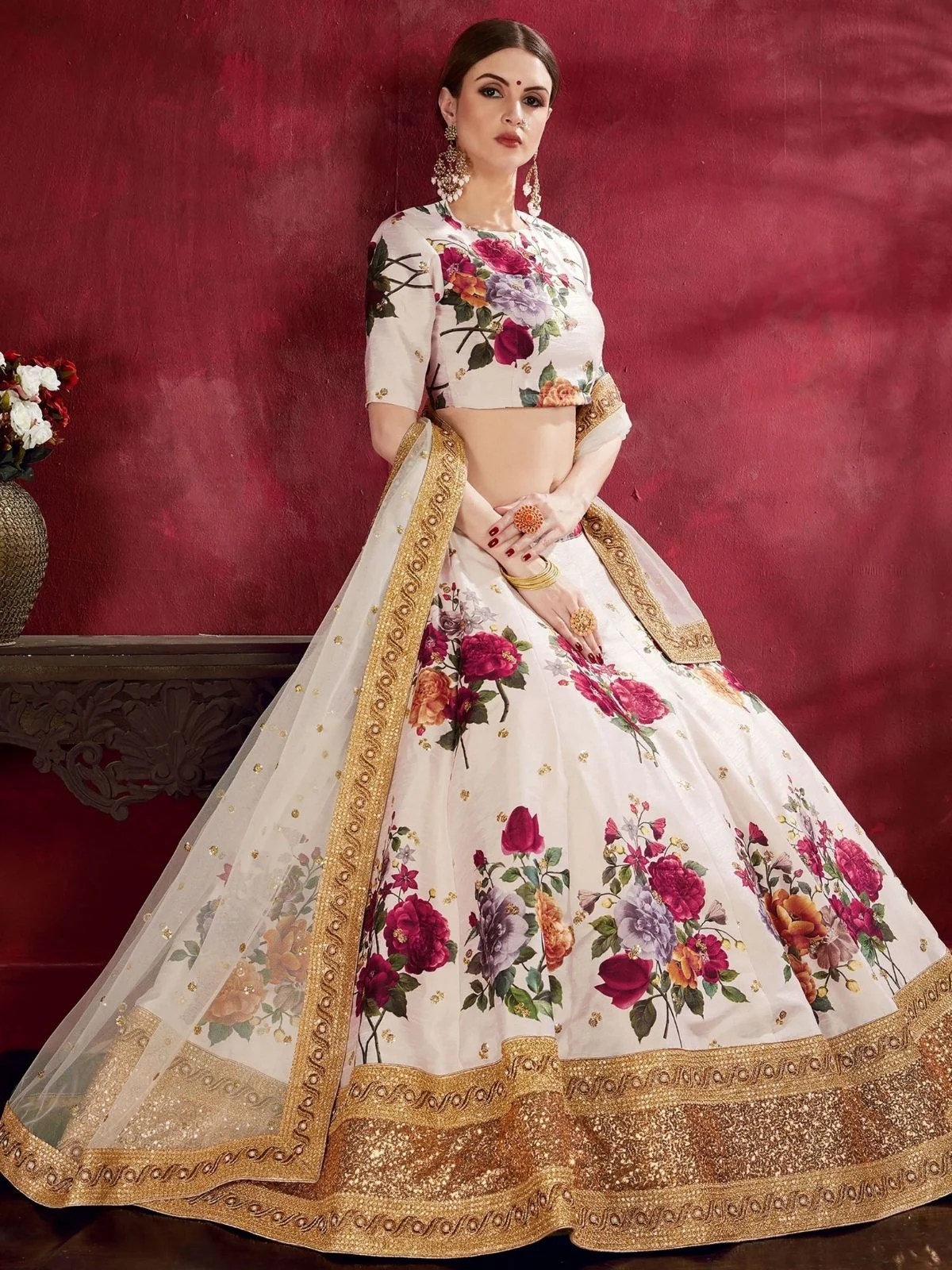 Odette Off-White Art Silk Printed Semi-Stitched lehenga For Women - Image 2