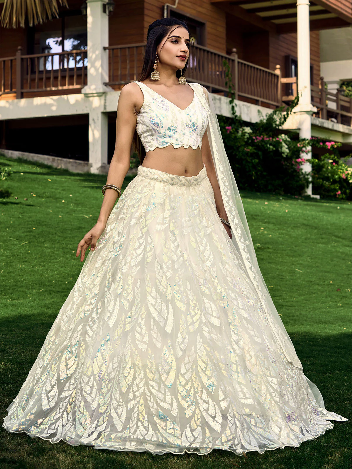 Odette Off White Blue Soft Net Embellished Semi Stitched Lehenga With Unstitched Blouse For Women - Image 2