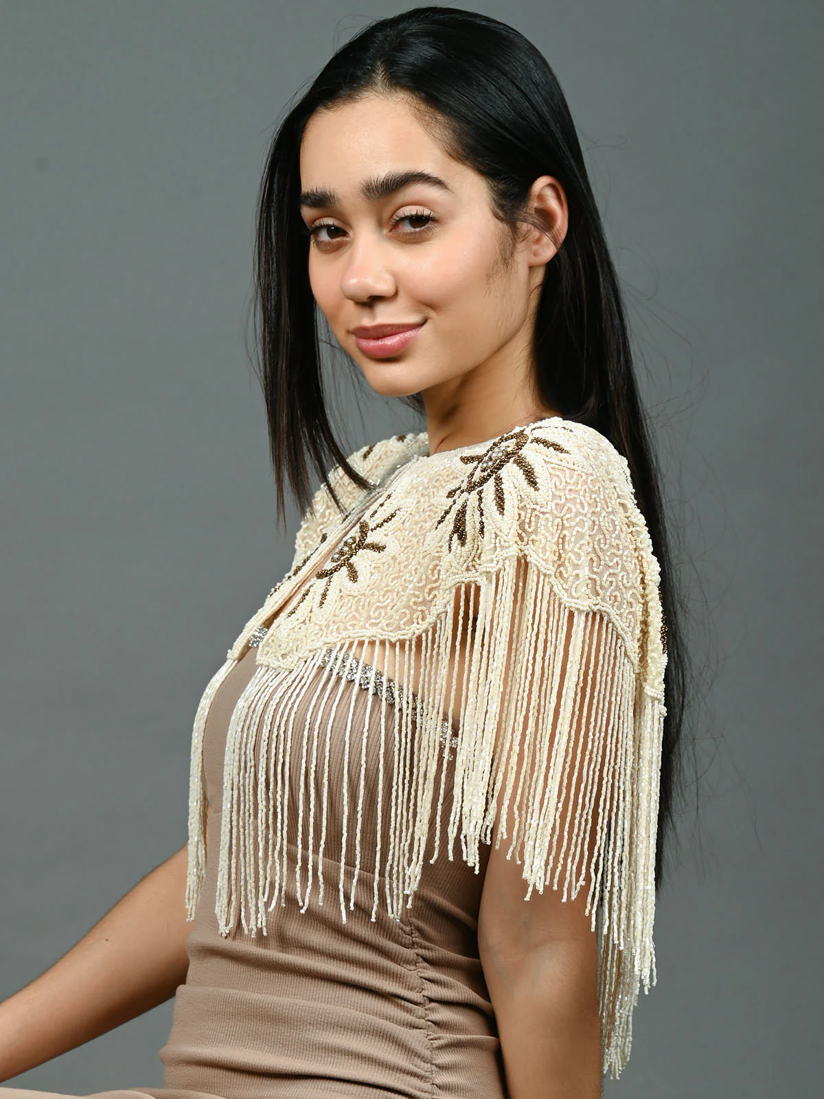 Odette Off White & Brown Net Embellished Cape For Women - Image 3