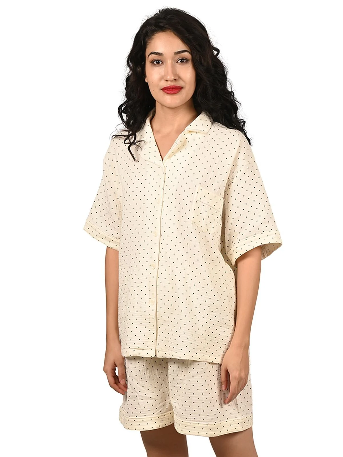 Odette Off White Cotton Blend Printed Night Wear Set For Women - Image 3