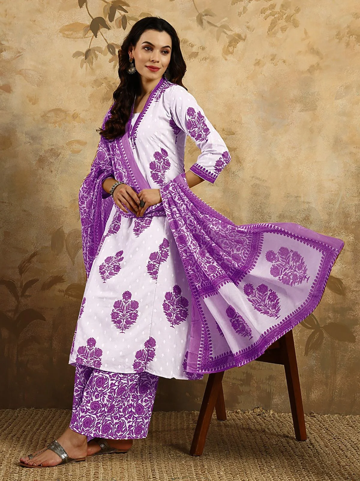 Odette Off White Cotton Blend Printed Stitched KurtaÂ SetÂ ForÂ Women - Image 3