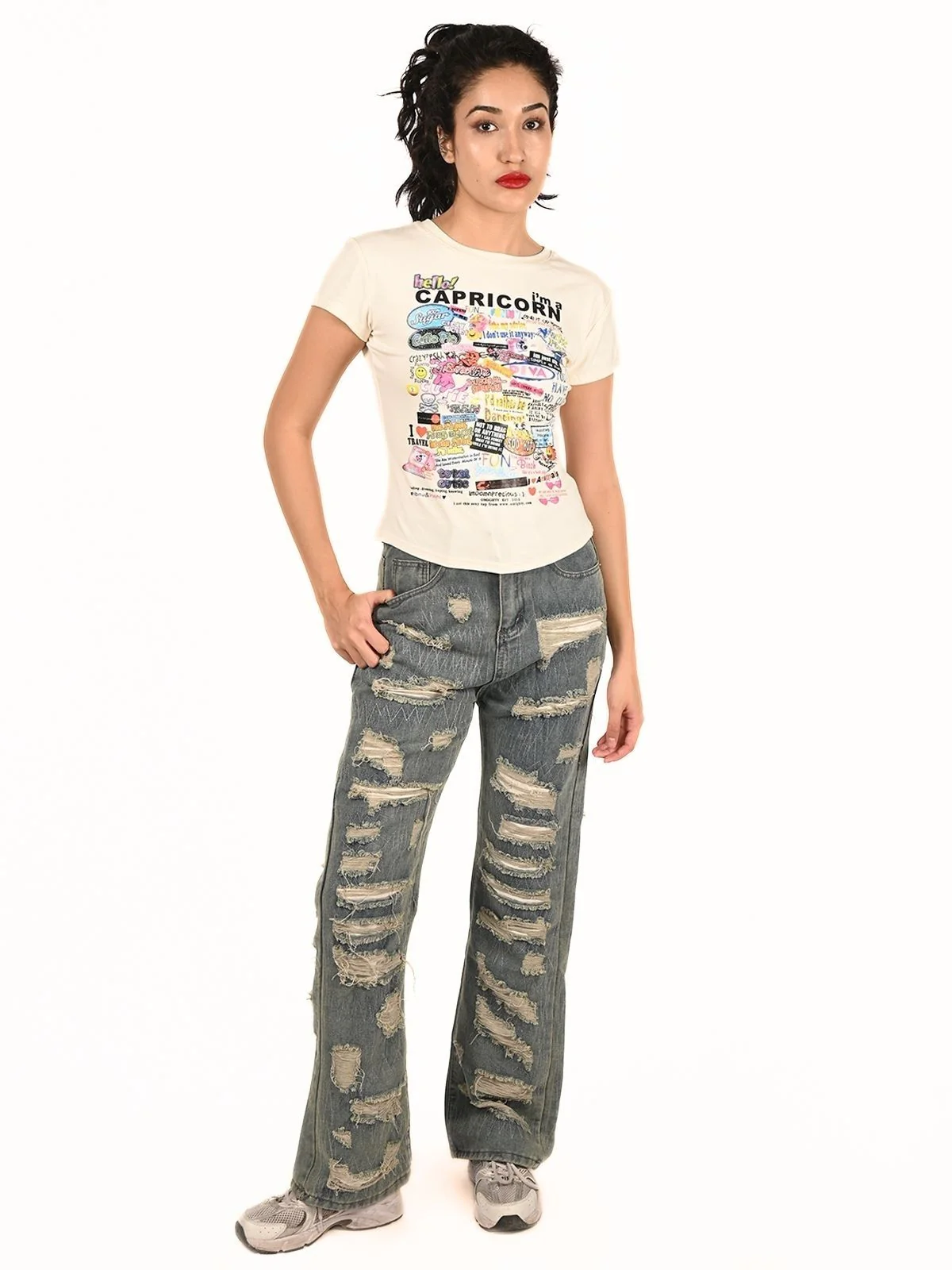 Odette Off White Cotton Knitted Printed Top For Women - Image 5