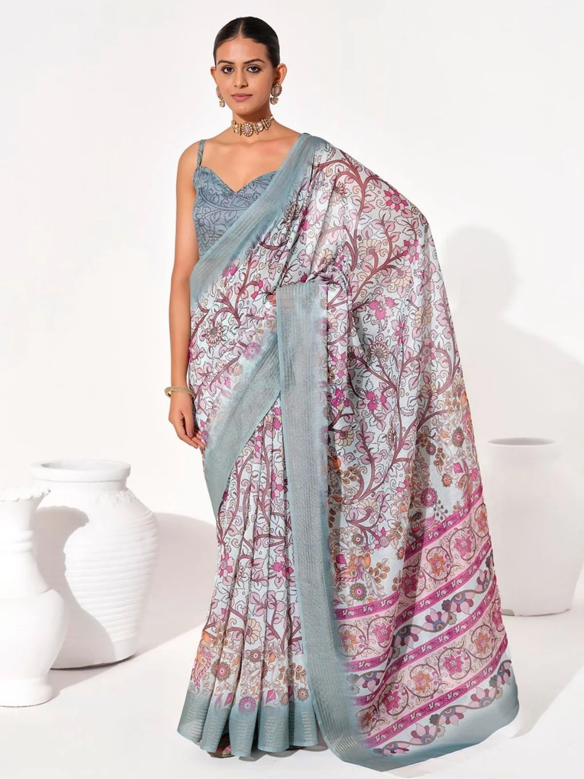 Odette Off White Cotton Linen Solid Printed Saree For Women