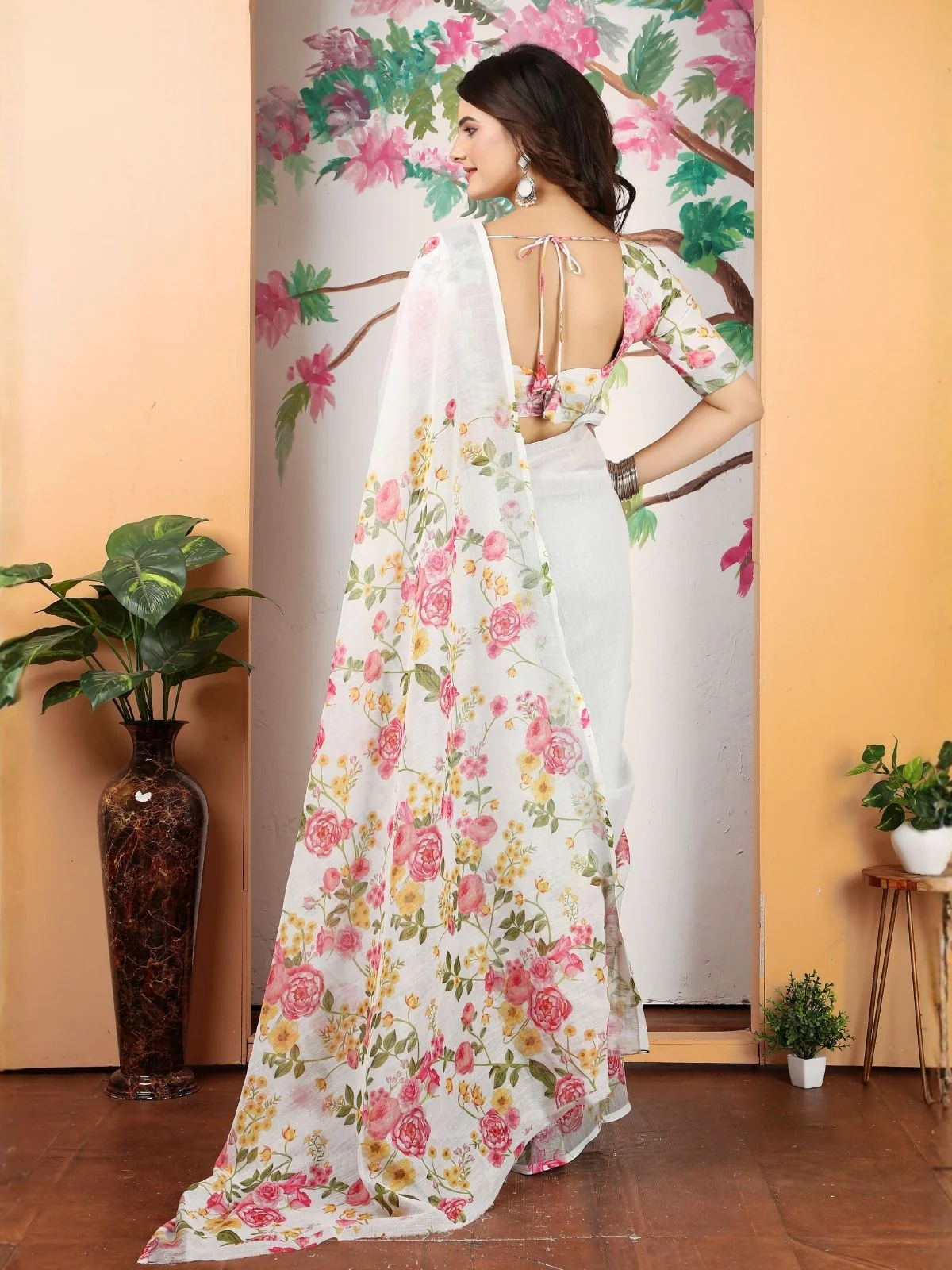 Odette Off White Cotton Linen Solid Printed Saree For Women - Image 3
