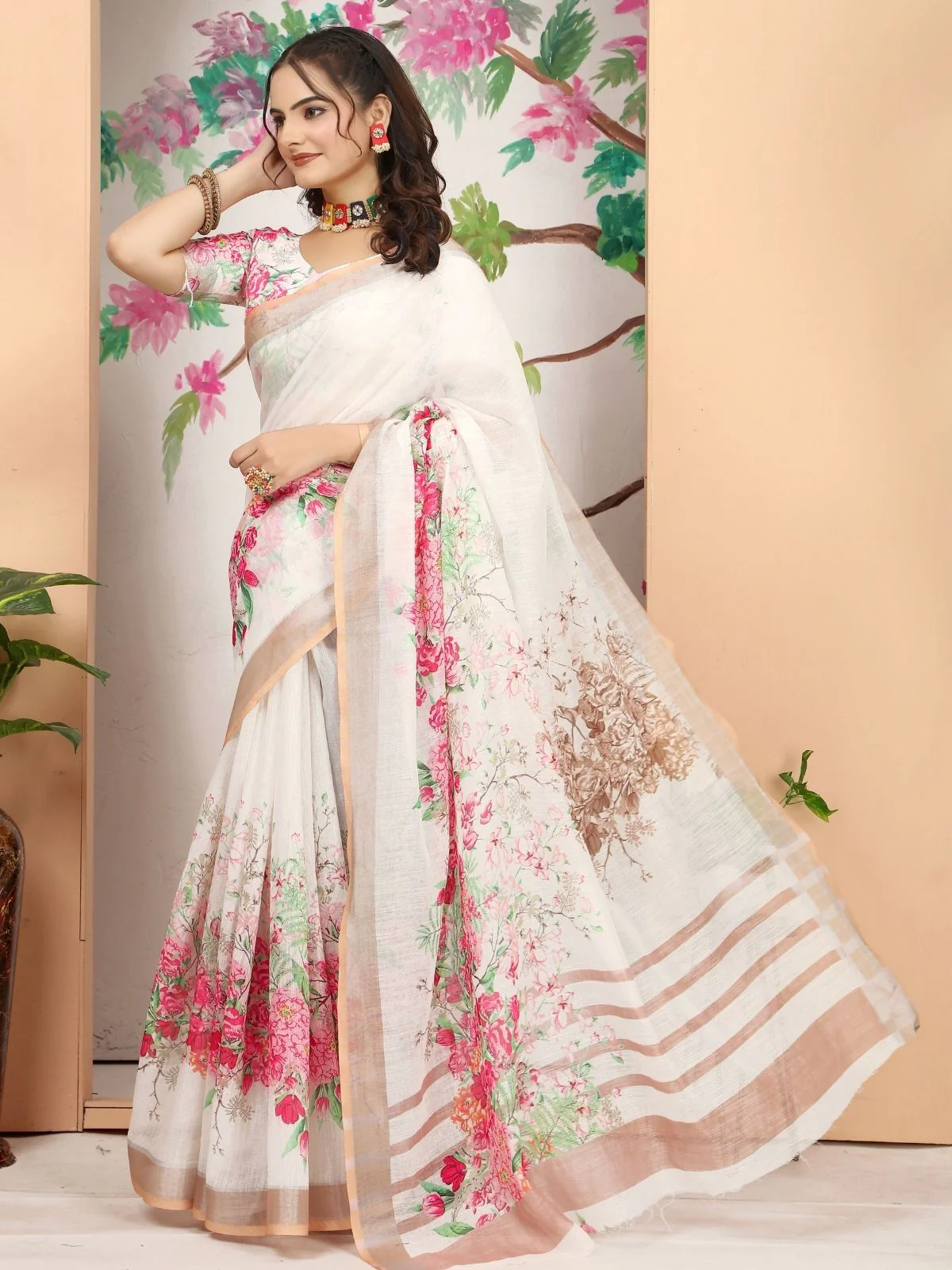 Odette Off White Cotton Linen Solid Printed Saree For Women - Image 2