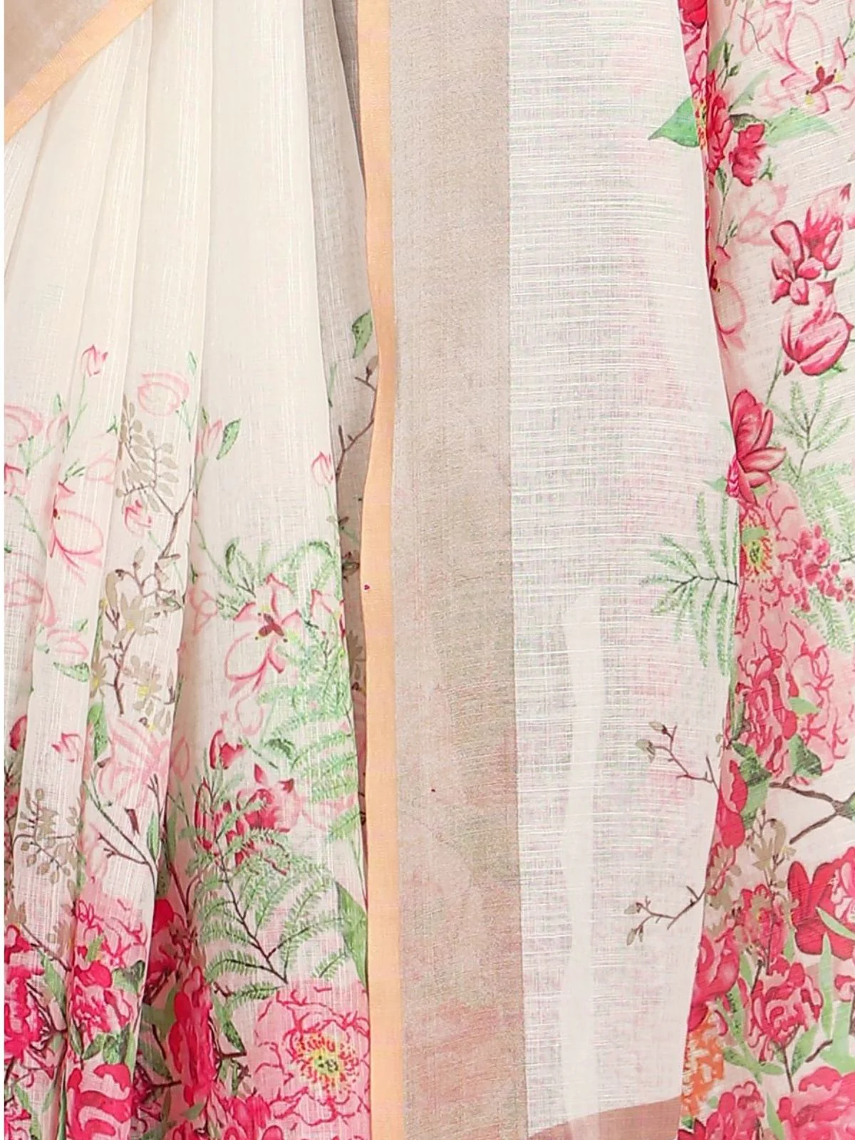 Odette Off White Cotton Linen Solid Printed Saree For Women - Image 5