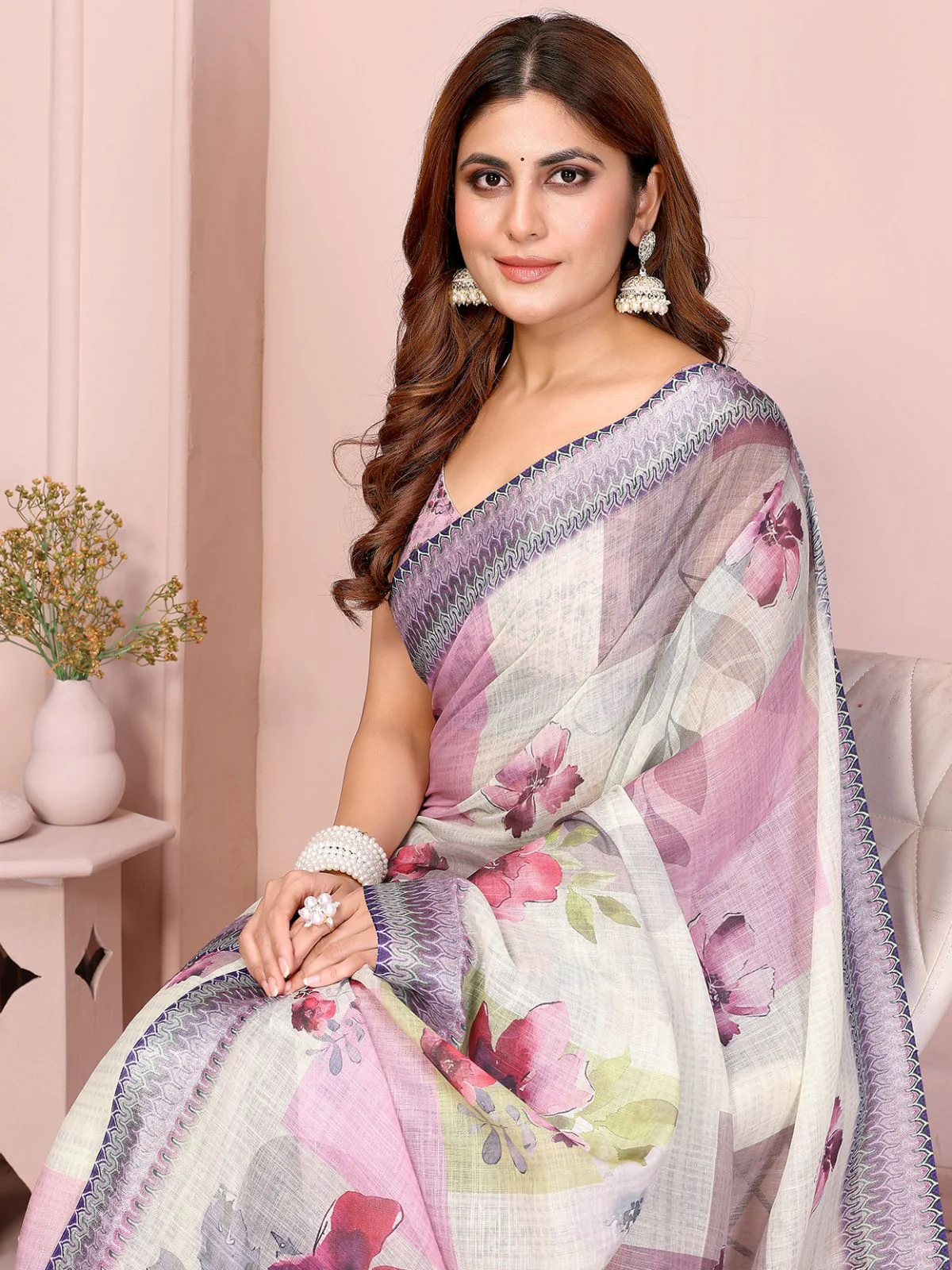 Odette Off White Cotton Linen Solid Printed Saree For Women - Image 2