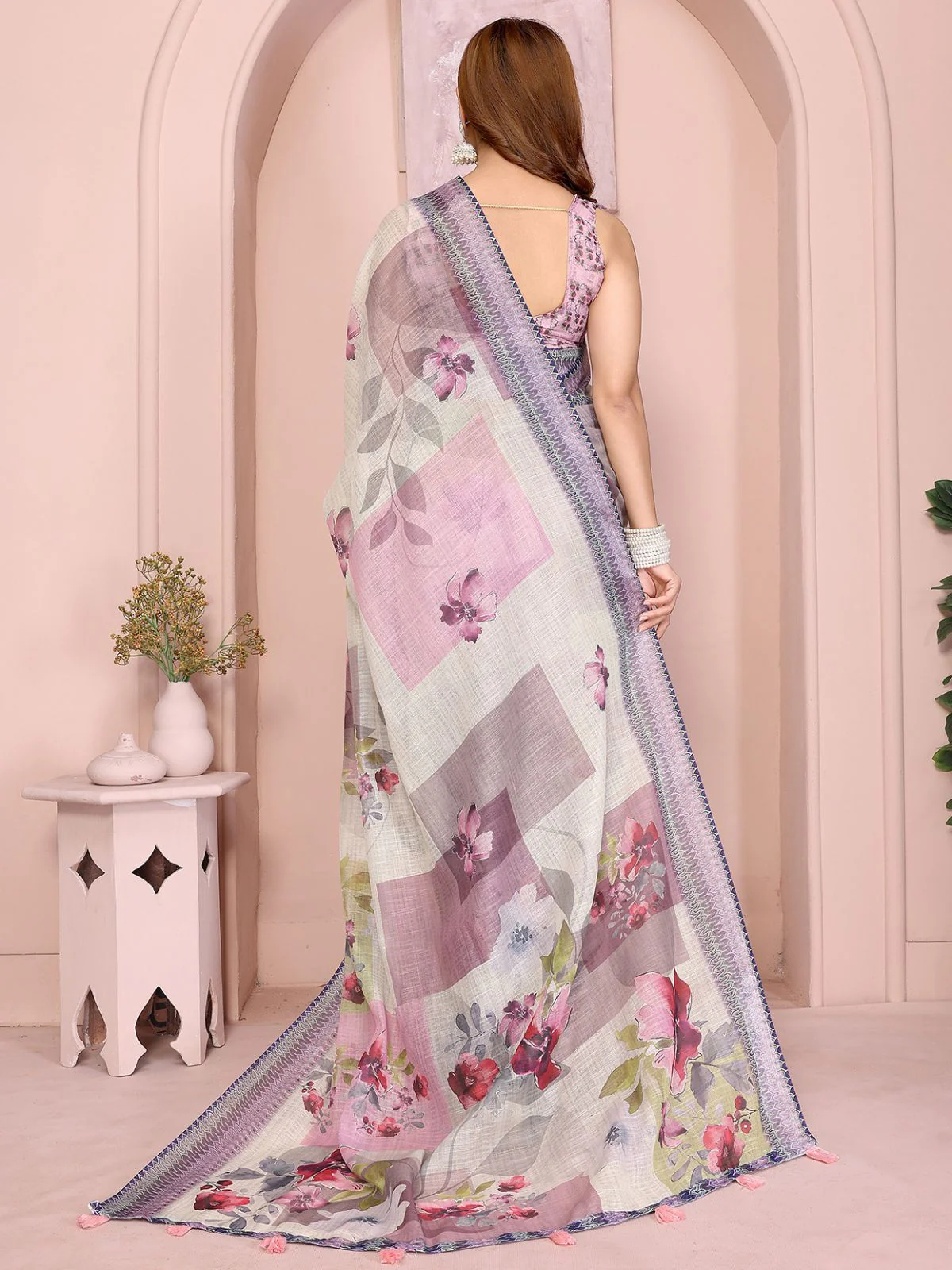 Odette Off White Cotton Linen Solid Printed Saree For Women - Image 3