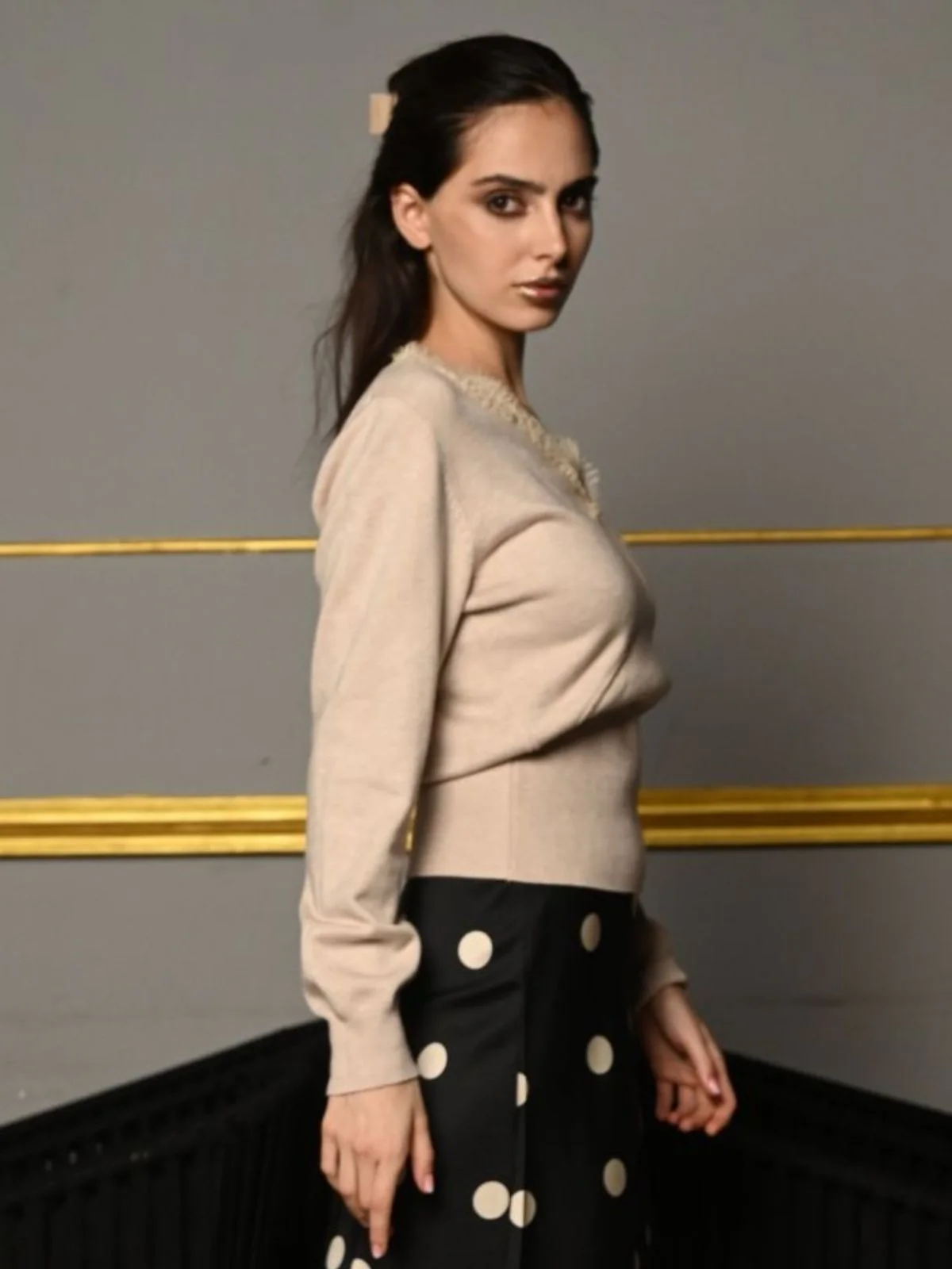 Odette Beige Cotton Polyester Rib Empire Cut Top For Women - Image 3