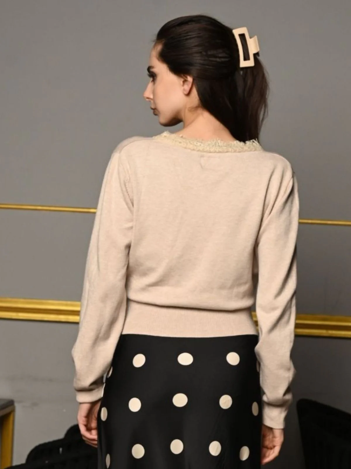 Odette Beige Cotton Polyester Rib Empire Cut Top For Women - Image 4