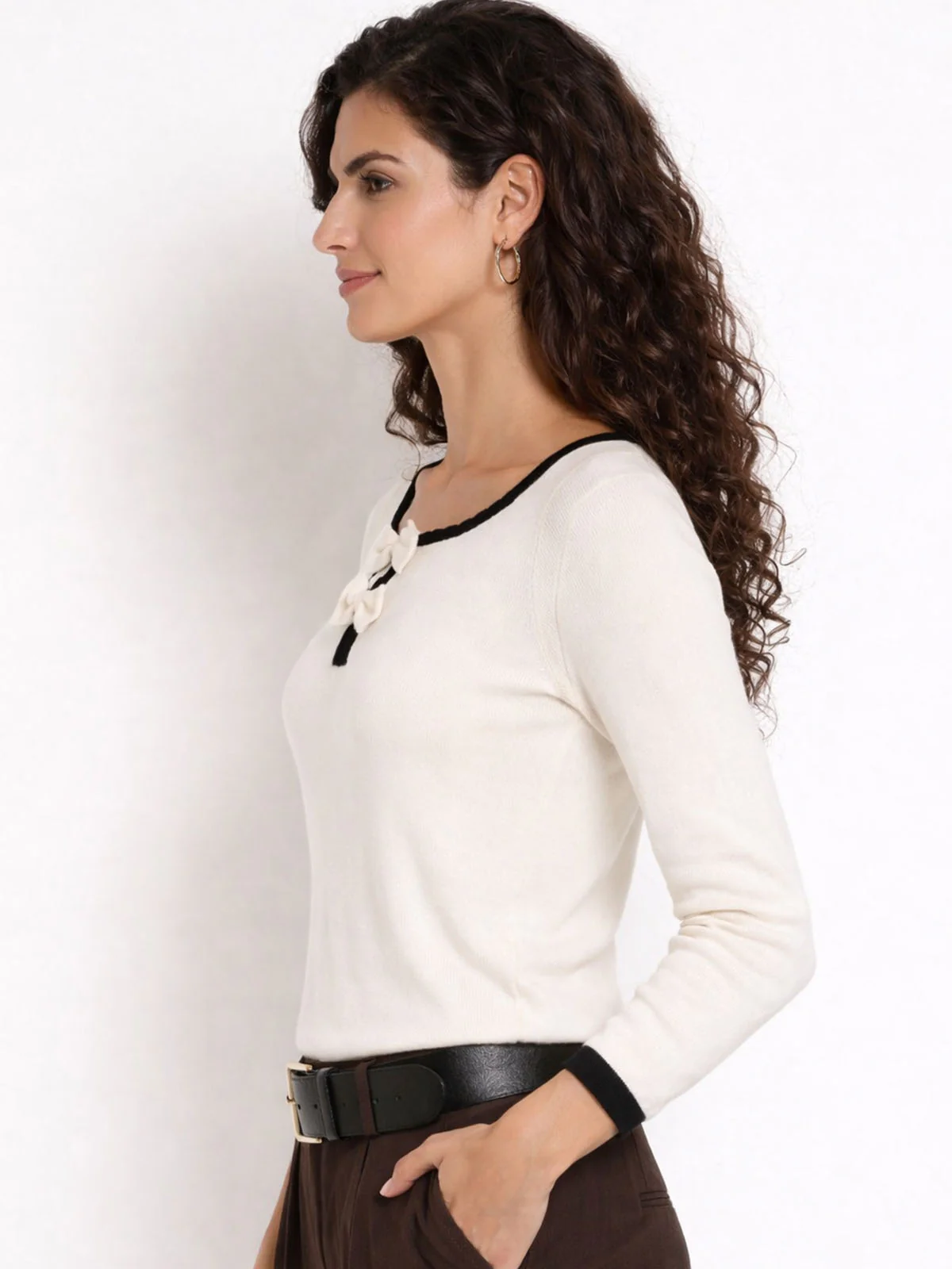 Odette Off White Cotton Rib Solid Top For Women - Image 2