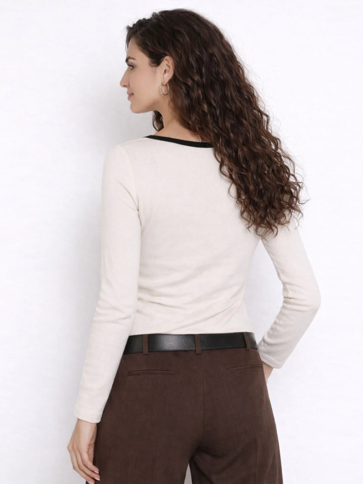 Odette Off White Cotton Rib Solid Top For Women - Image 3