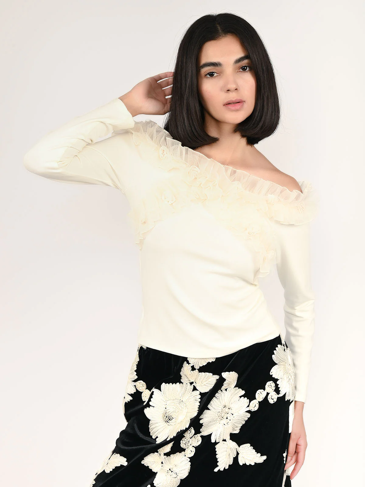 Odette Off White Cotton Rib Solid Top For Women