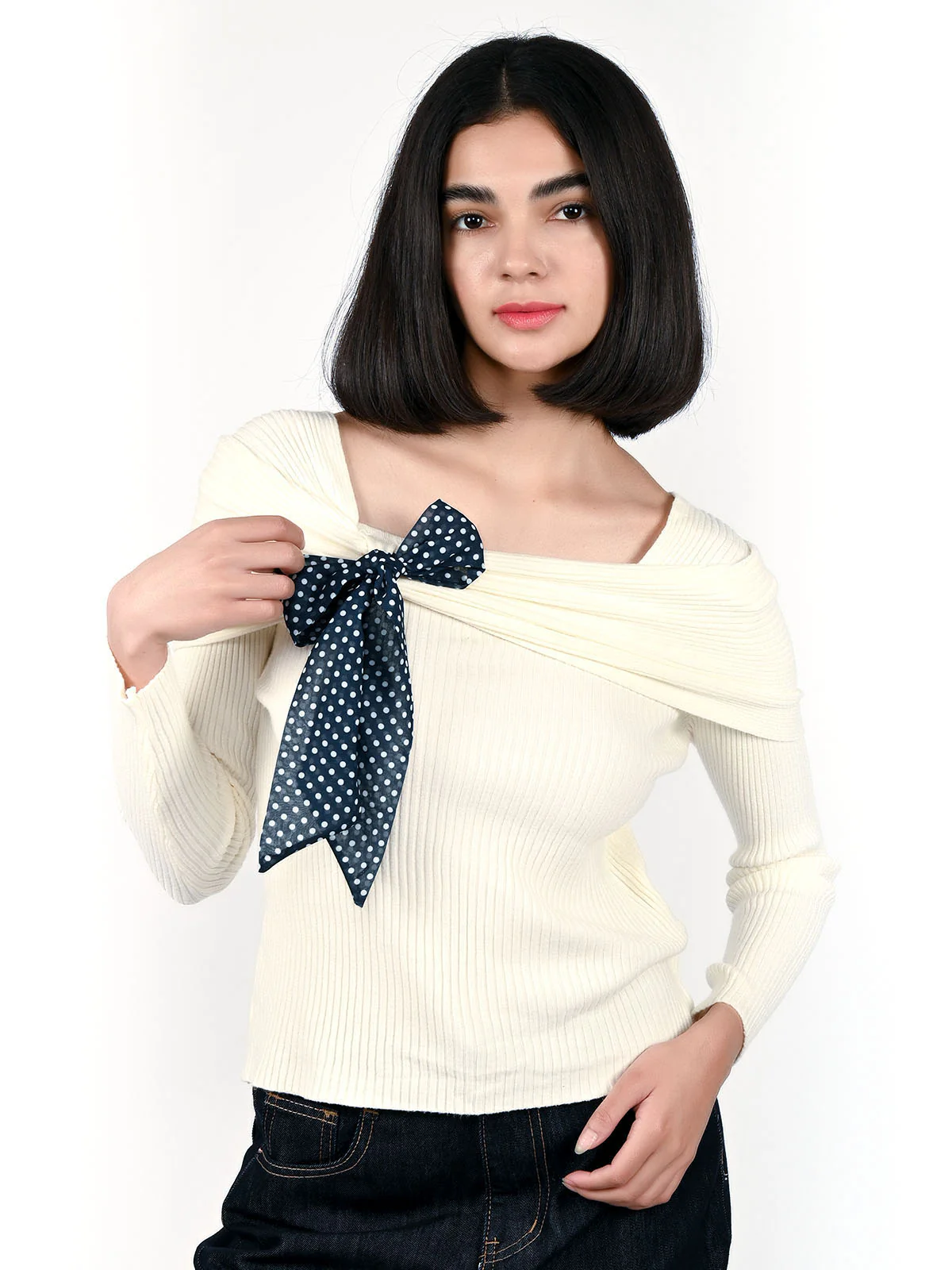 Odette Off White Cotton Rib Solid Top For Women