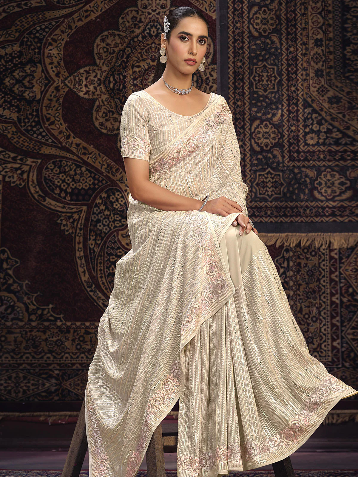 Odette Off white Embellished Georgette Saree With unstitched Blouse For Women - Image 2