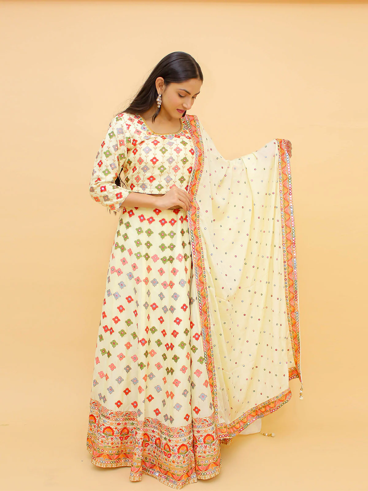 Odette Off White Embroidered Chinon Stitched Lehenga With Blouse For Women - Image 2
