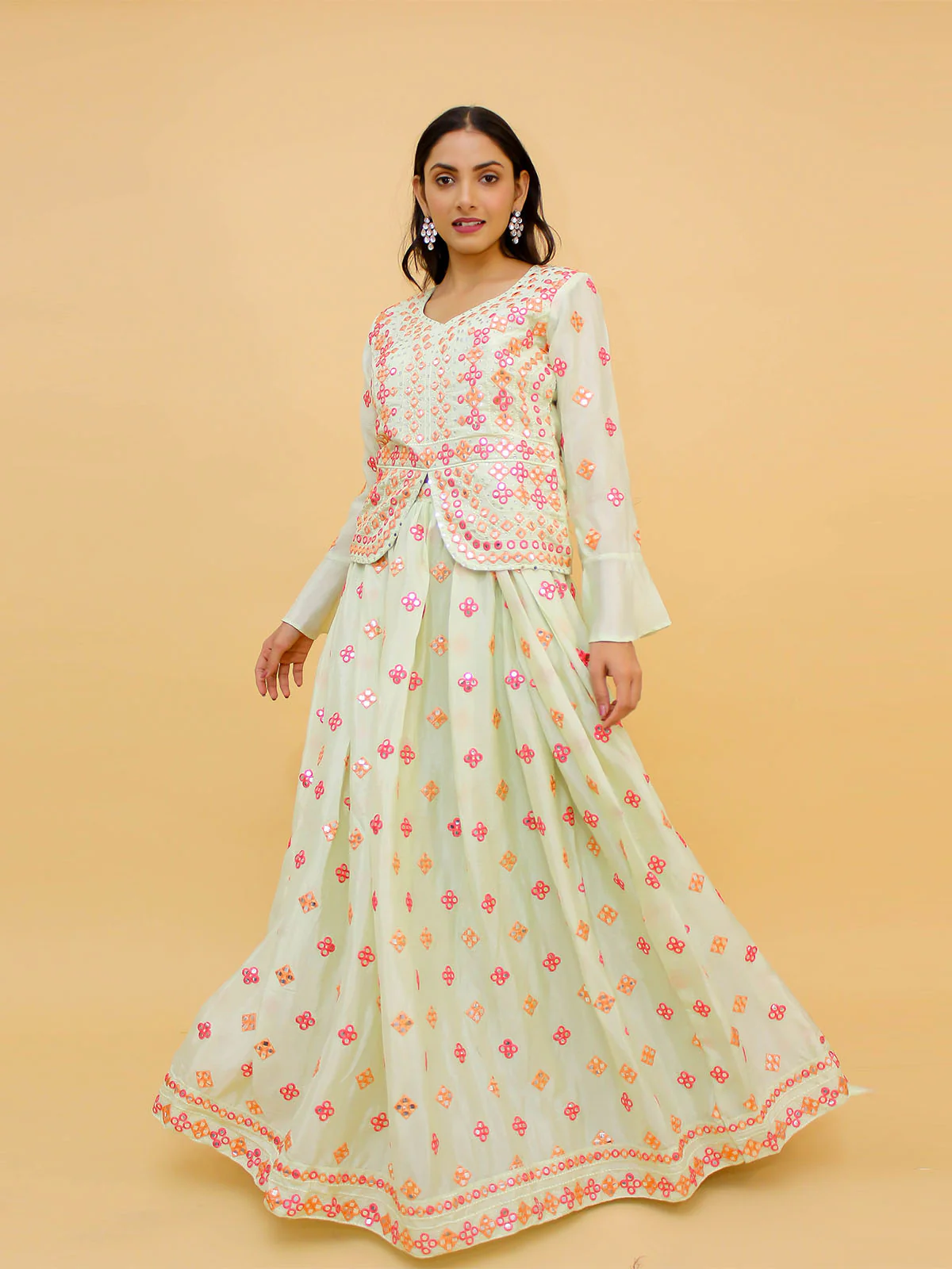 Odette Off White Embroidered Chinon Stitched Lehenga With Blouse For Women - Image 2