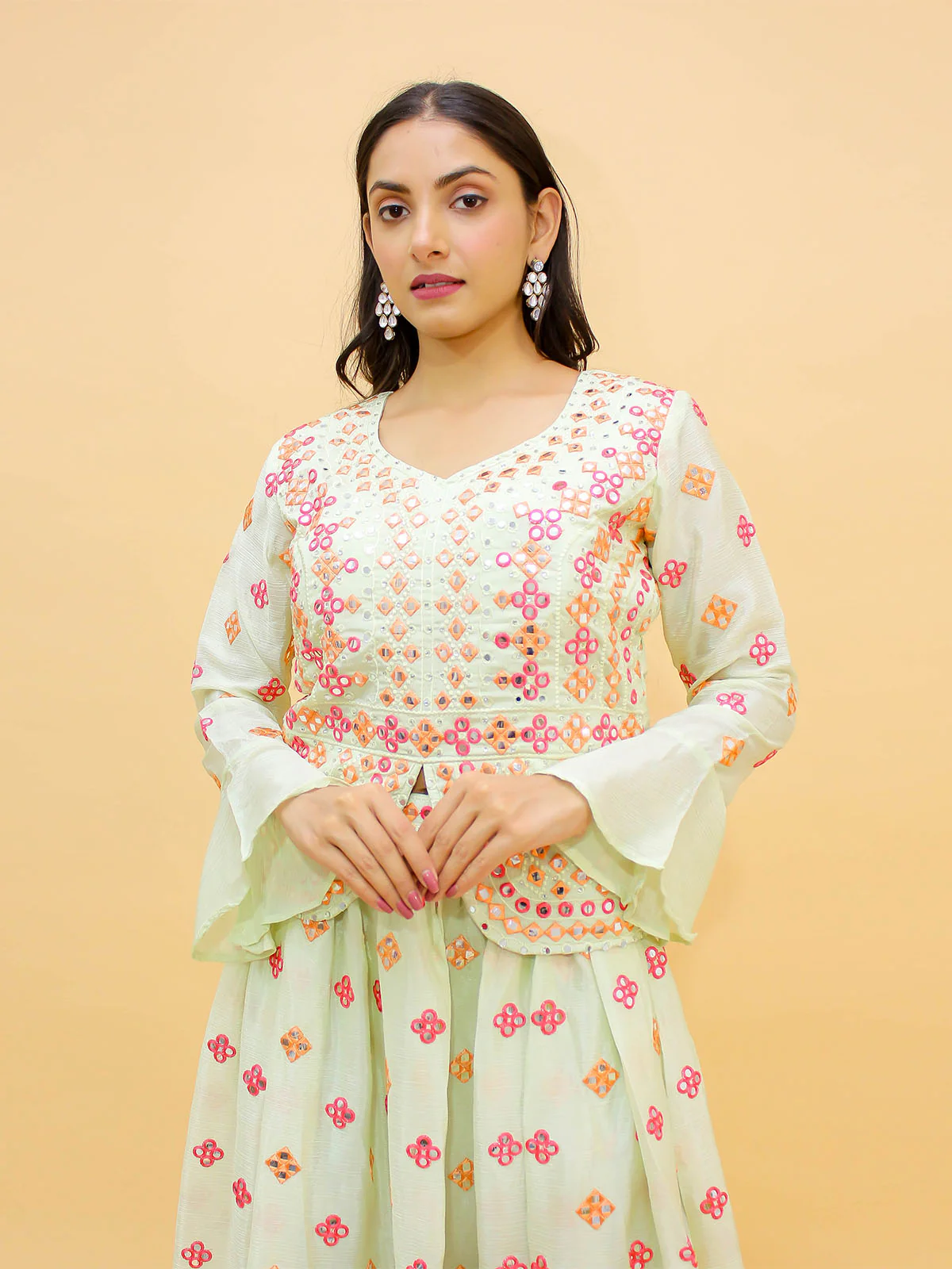 Odette Off White Embroidered Chinon Stitched Lehenga With Blouse For Women - Image 3