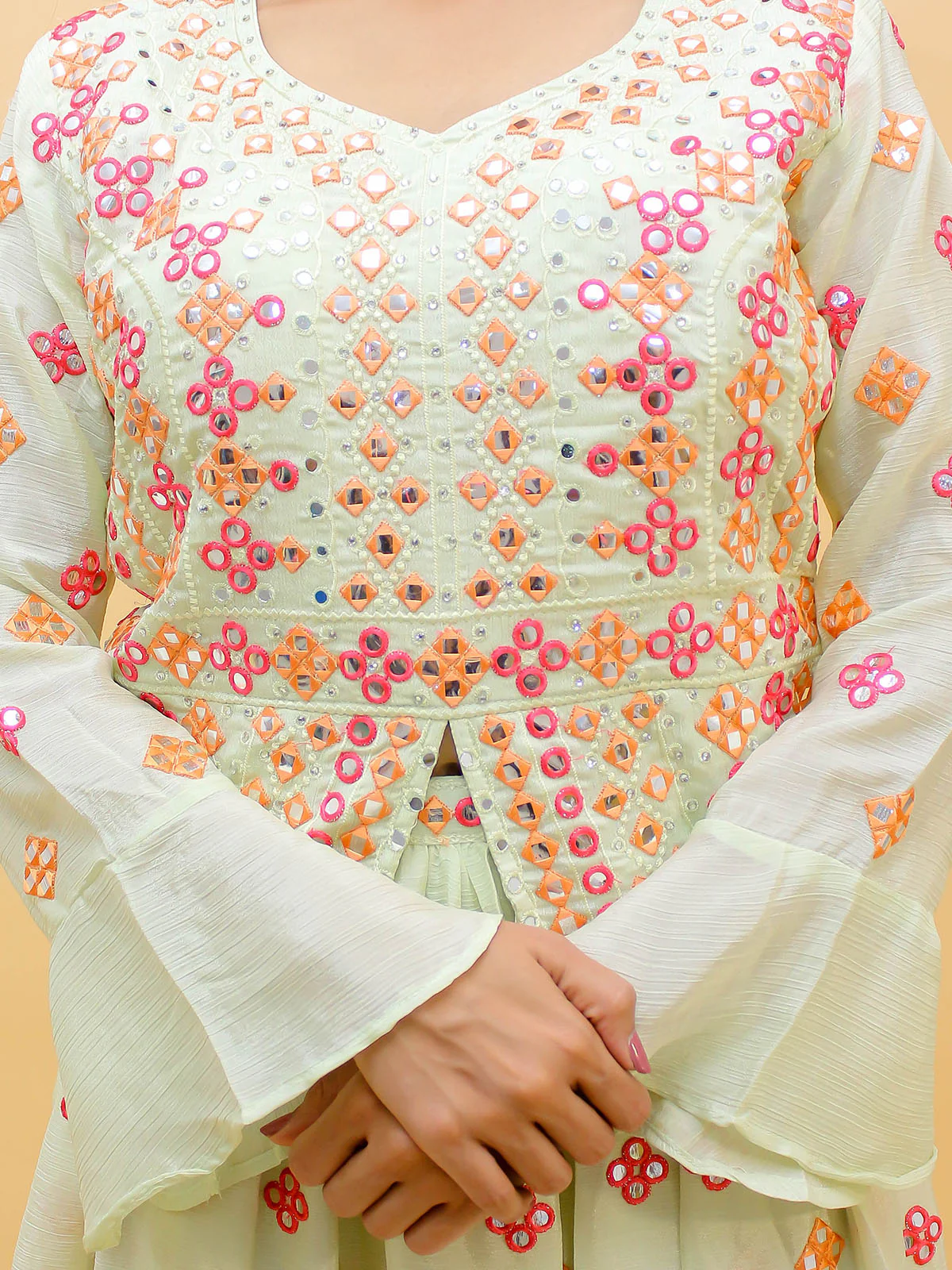 Odette Off White Embroidered Chinon Stitched Lehenga With Blouse For Women - Image 5