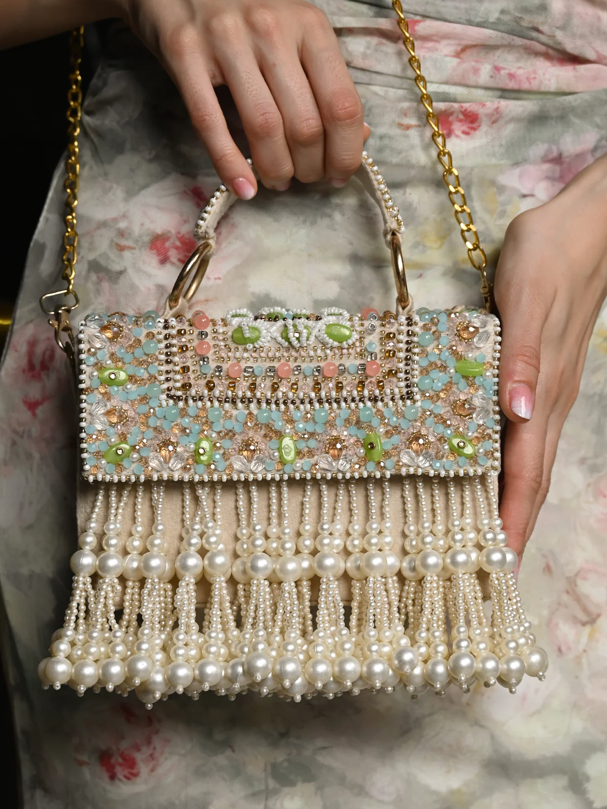 Odette Off White Embroidered Clutch With Tassels For Women - Image 2
