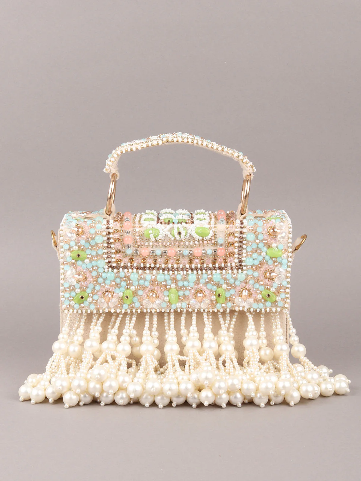 Odette Off White Embroidered Clutch With Tassels For Women - Image 3