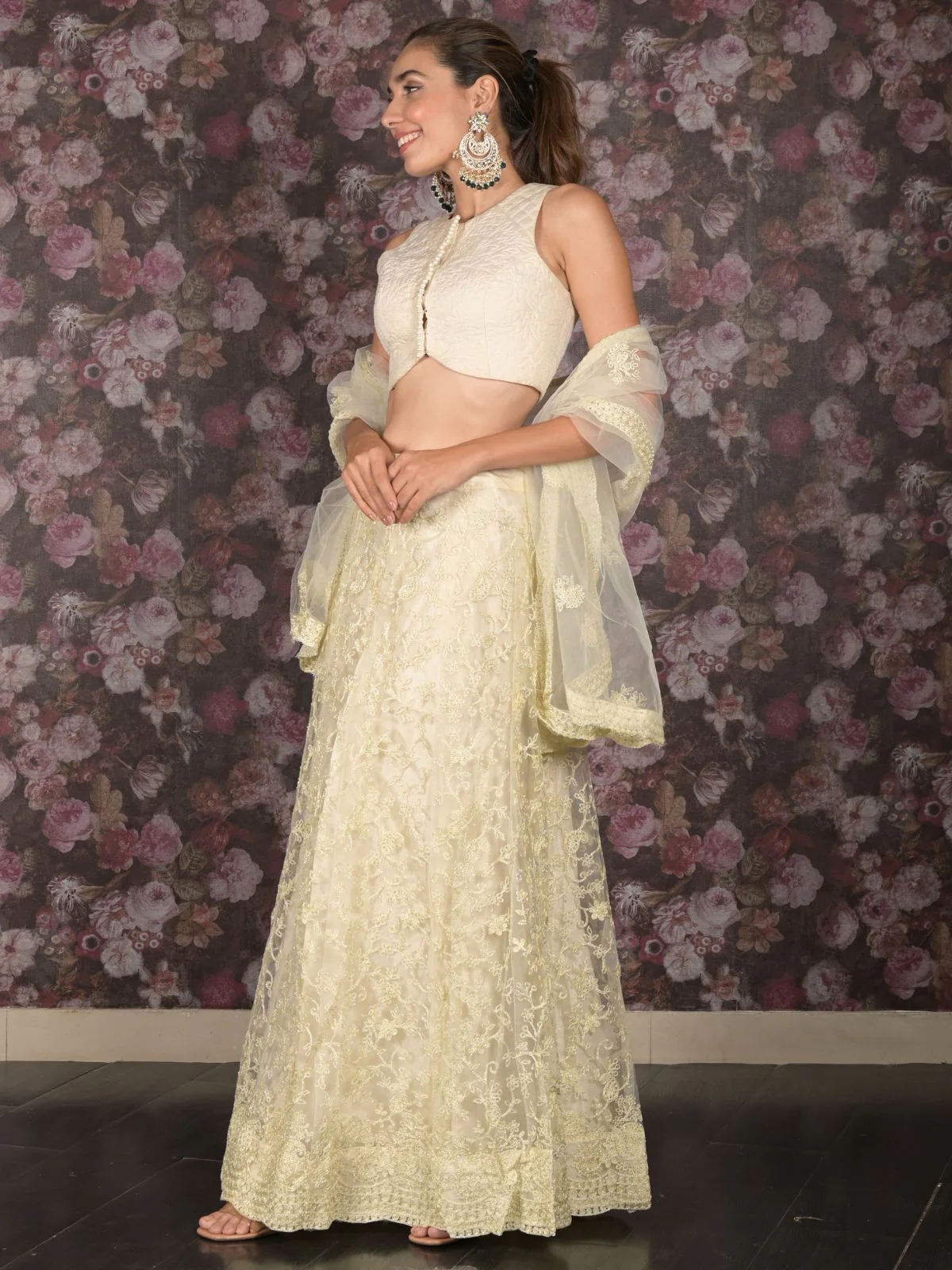 Odette Off White Embroidered Net Semi-Stitched Lehenga with Unstitched Blouse for Women - Image 2