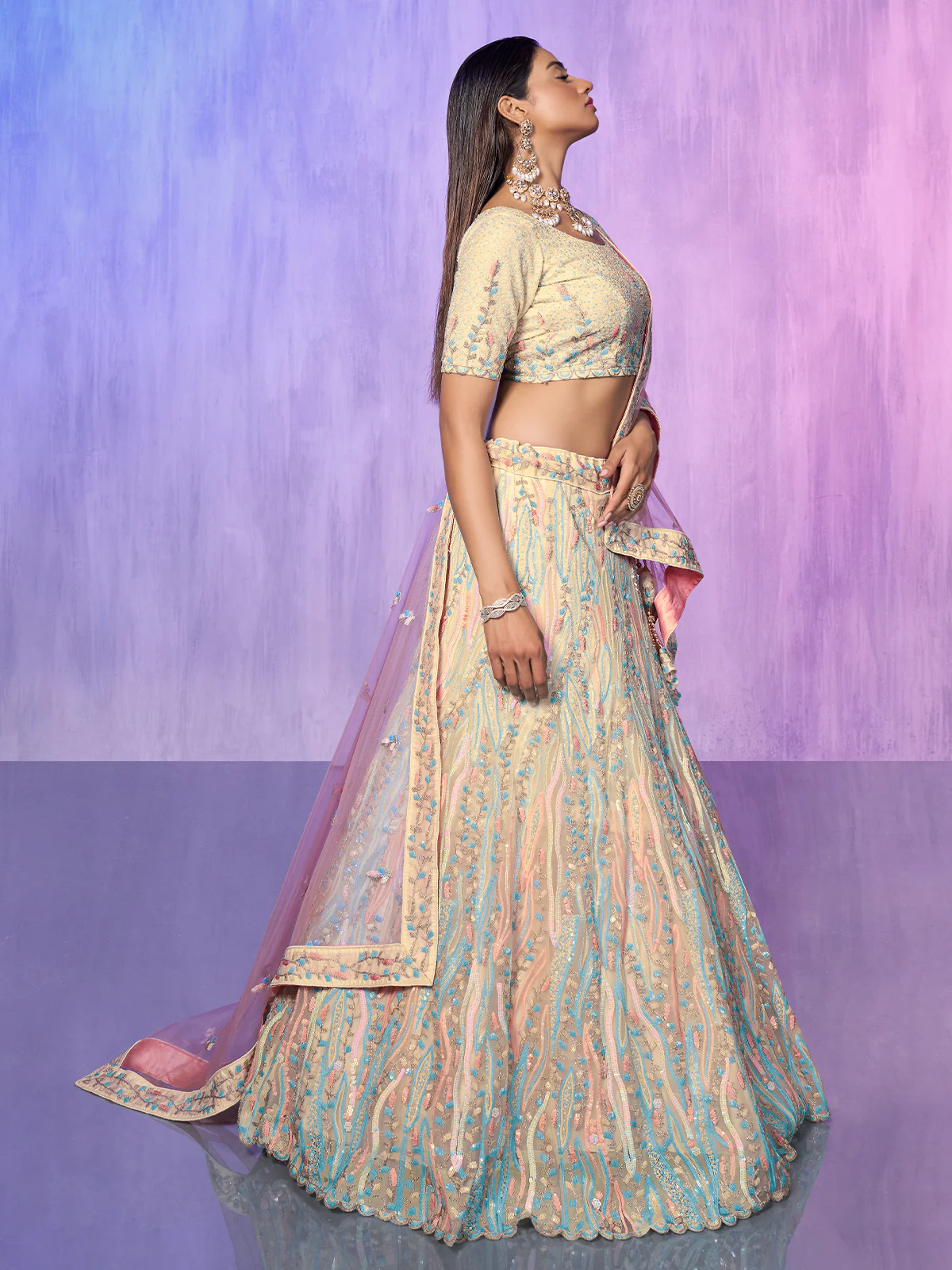 Odette Off White Embroidered Organza  Semi Stitched Lehenga With Unstitched Blouse  For Women - Image 3