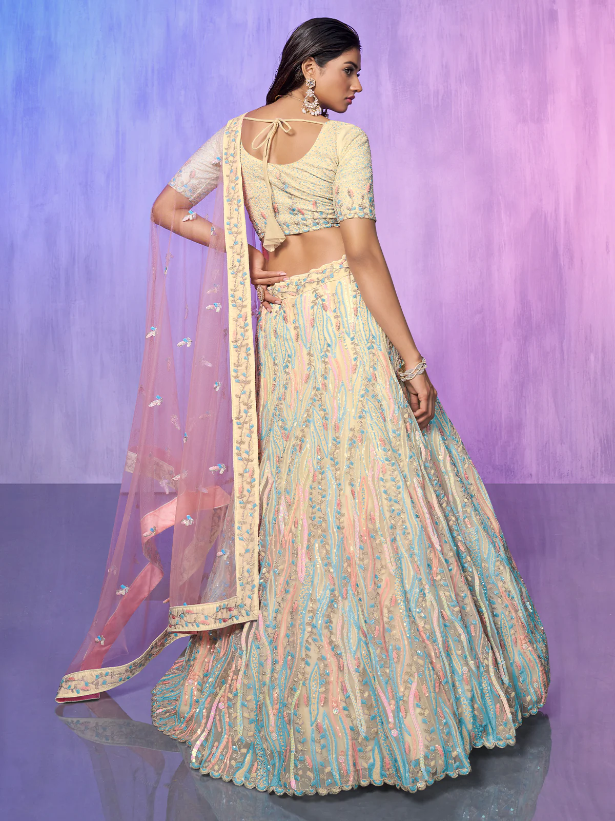 Odette Off White Embroidered Organza  Semi Stitched Lehenga With Unstitched Blouse  For Women - Image 4