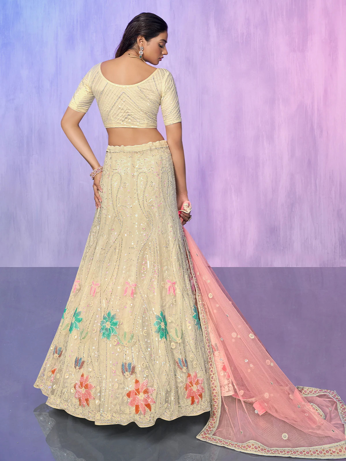 Odette Off White Embroidered Net Semi Stitched Lehenga With Unstitched Blouse  For Women - Image 4