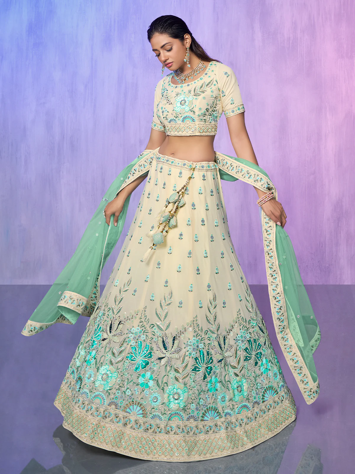 Odette Off White Embroidered georgette Semi Stitched Lehenga With Unstitched Blouse  For Women - Image 2