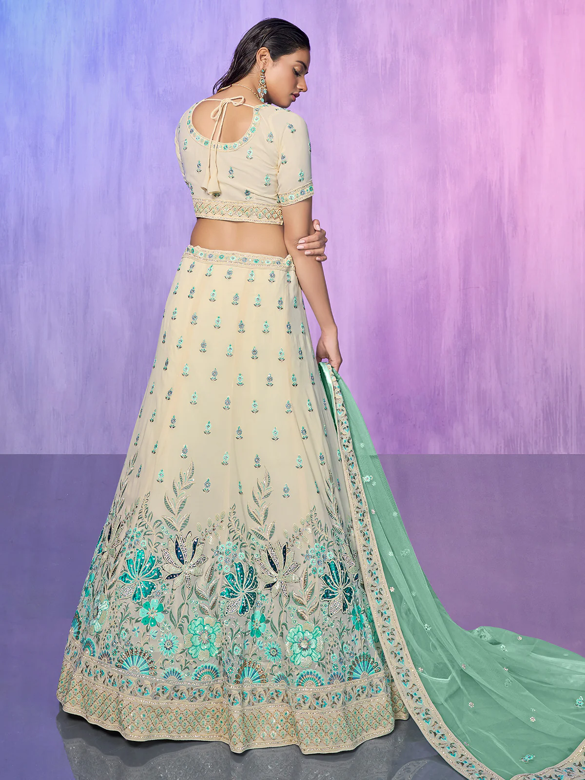 Odette Off White Embroidered georgette Semi Stitched Lehenga With Unstitched Blouse  For Women - Image 4