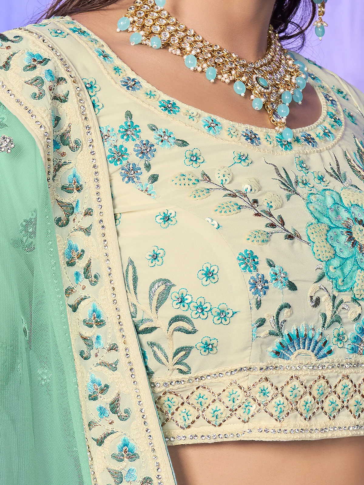 Odette Off White Embroidered georgette Semi Stitched Lehenga With Unstitched Blouse  For Women - Image 5
