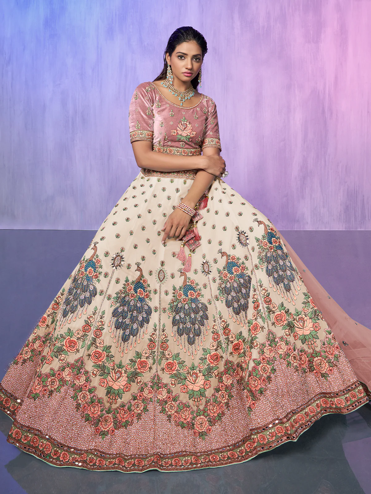 Odette Off white Embroidered Georgette Semi Stitched Lehenga With Unstitched Blouse  For Women - Image 2