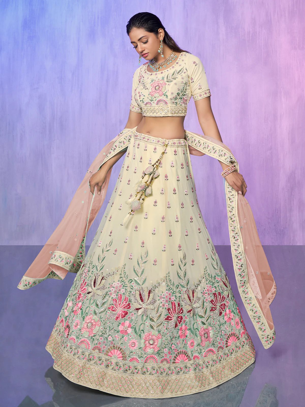 Odette Off White Embroidered Georgette Semi Stitched Lehenga With Unstitched Blouse For Women - Image 2